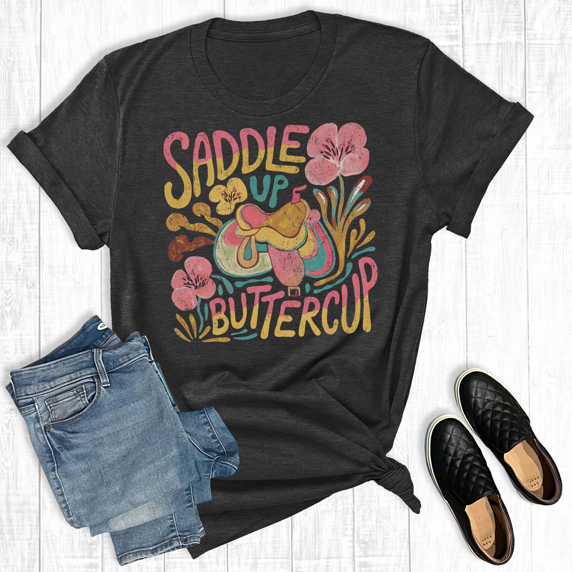 Western Saddle Up Buttercup Graphic Tee Hoodie, Sweatshirt | PodTeesHub.com