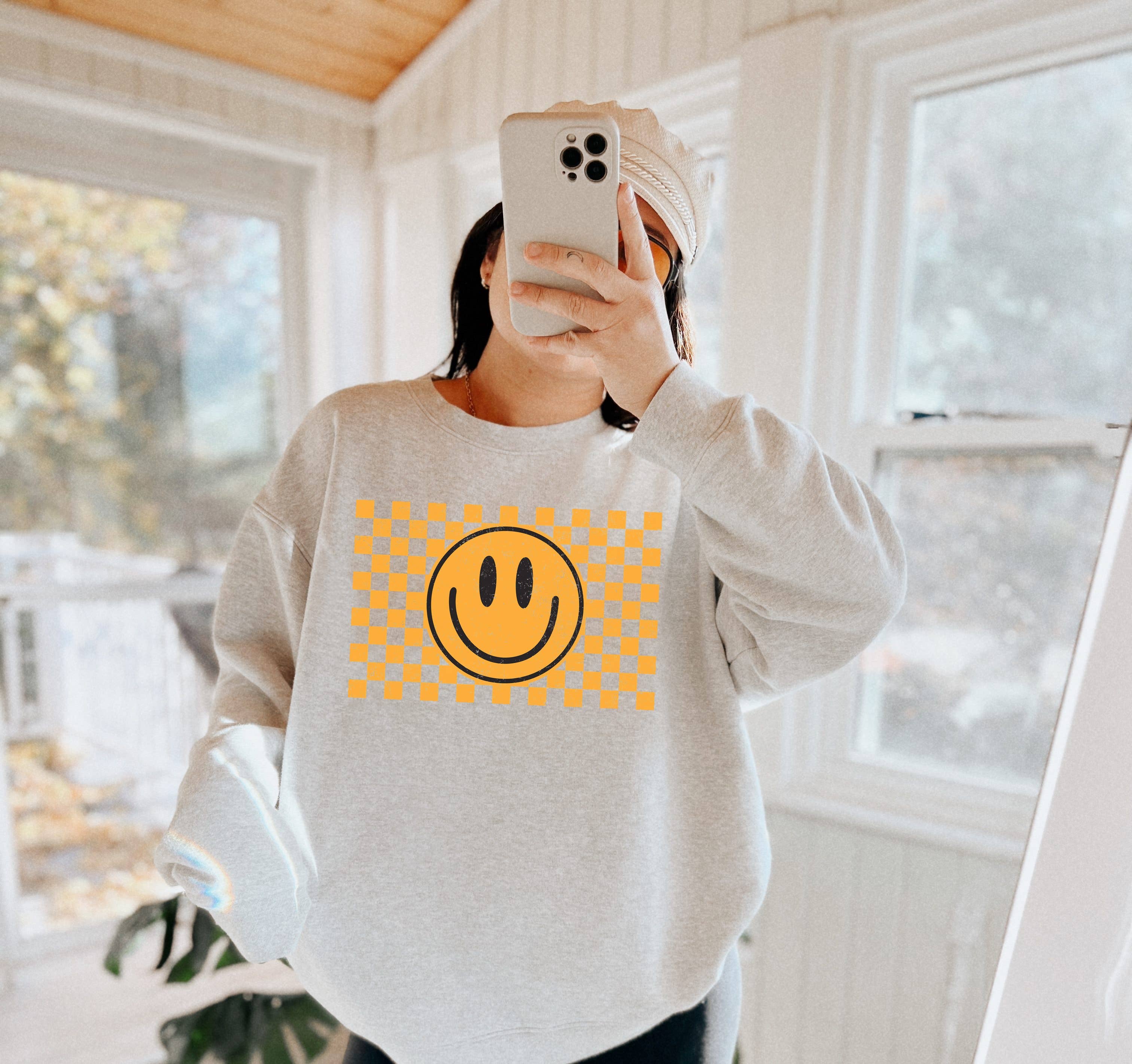 Checkered Smile Crew Neck Sweatshirt T-Shirts, Hoodie | PodTeesHub.com