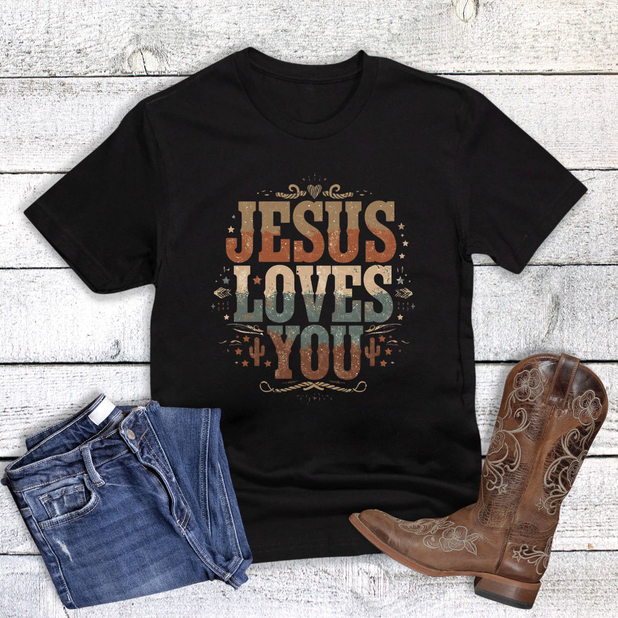 Western Jesus Loves You Cactus Graphic Tee Hoodie, Sweatshirt | PodTeesHub.com