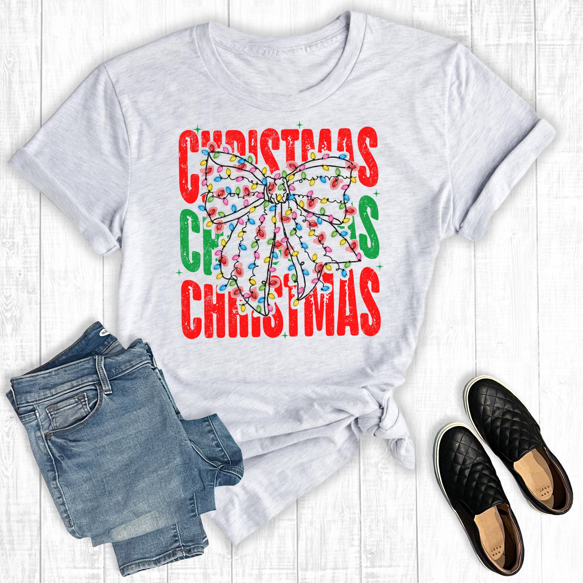 Christmas Light Coquette Bow Graphic Tee Hoodie, Sweatshirt | PodTeesHub.com