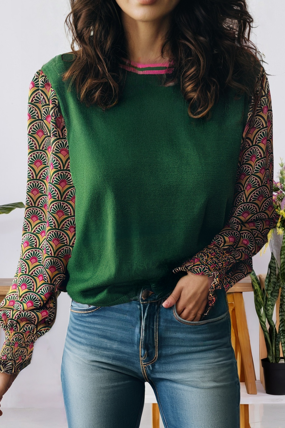 Floral Patchwork Shirred Cuff Puff Sleeve Sweater (S-Xl) T-Shirts, Hoodie, Sweatshirt | PodTeesHub.com