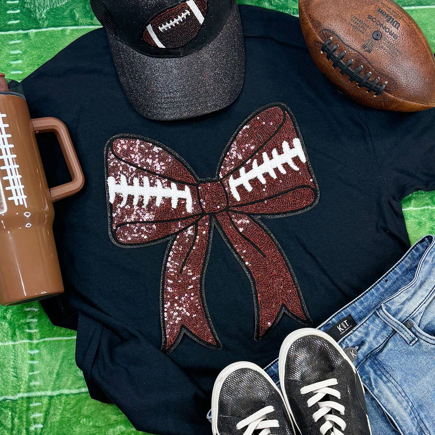 Sequin Football Bow Black Tee Hoodie, Sweatshirt | PodTeesHub.com