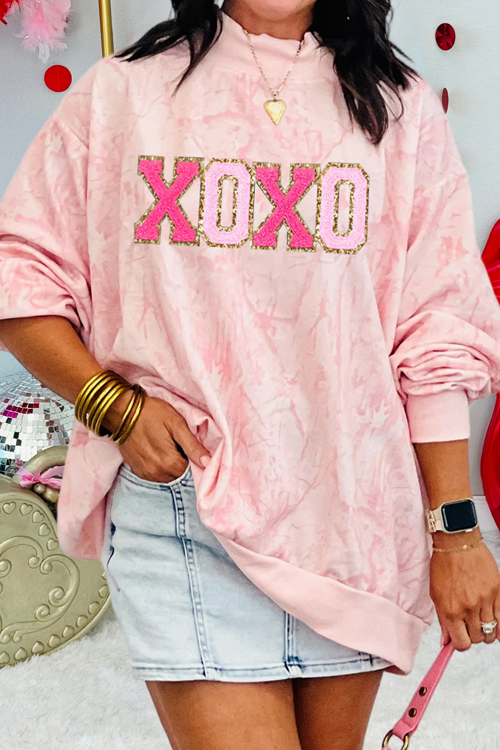 Xoxo Glitter Trim Patched Graphic Tie Dye Sweatshirt (S-Xl) T-Shirts, Hoodie | PodTeesHub.com