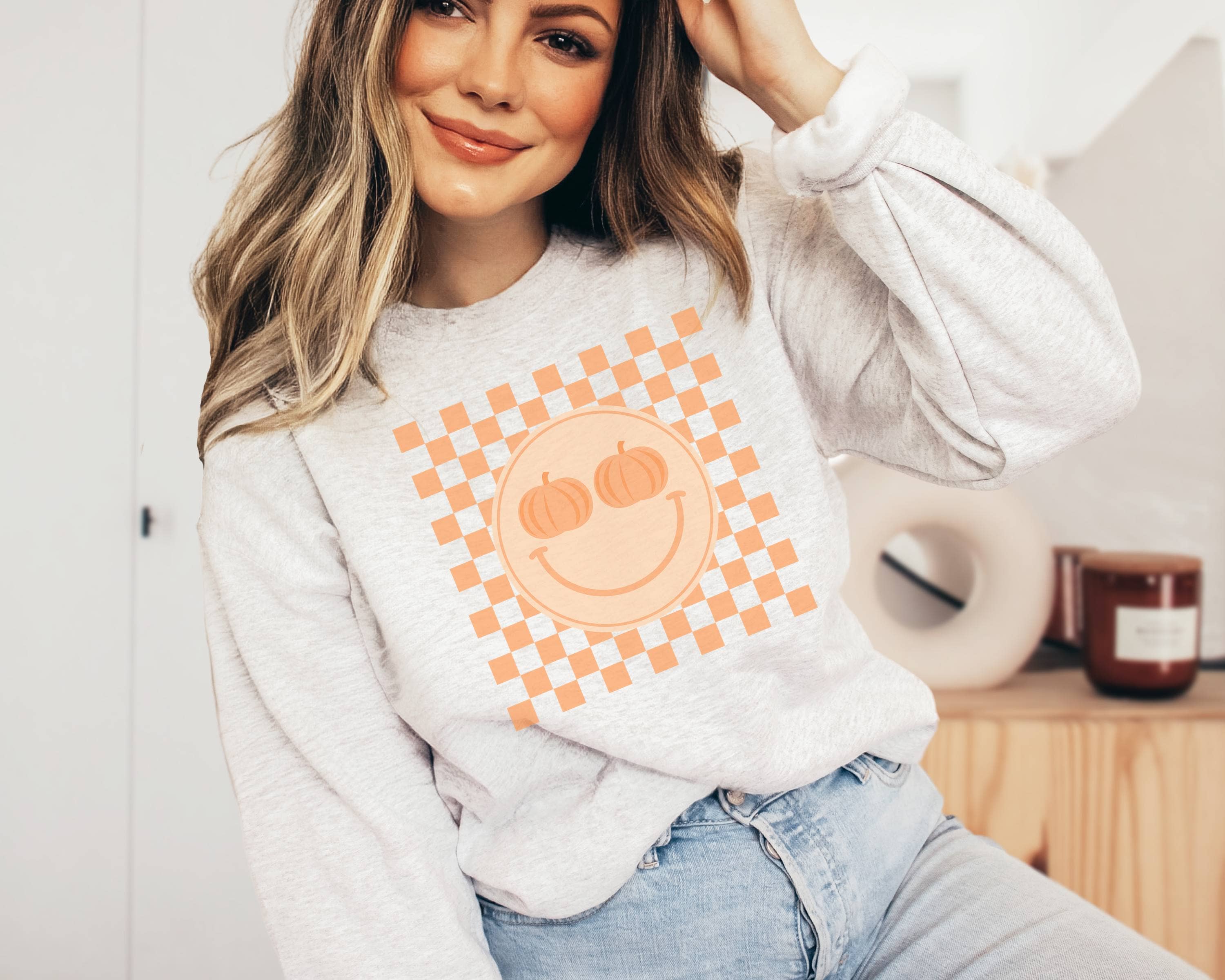 Pumpkin Happy Face Grid Crew Neck Sweatshirt | Fall T-Shirts, Hoodie | PodTeesHub.com