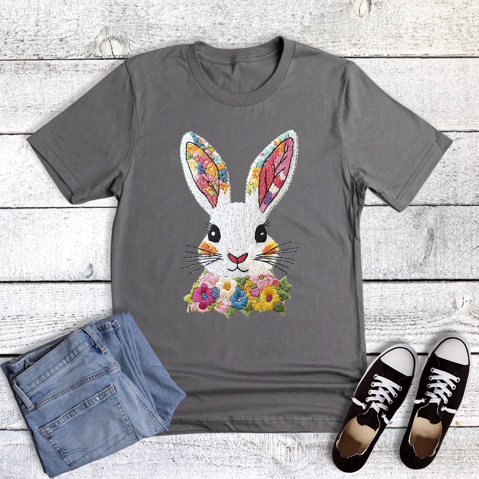 Easter Faux Embroidered Bunny Graphic Tee Hoodie, Sweatshirt | PodTeesHub.com
