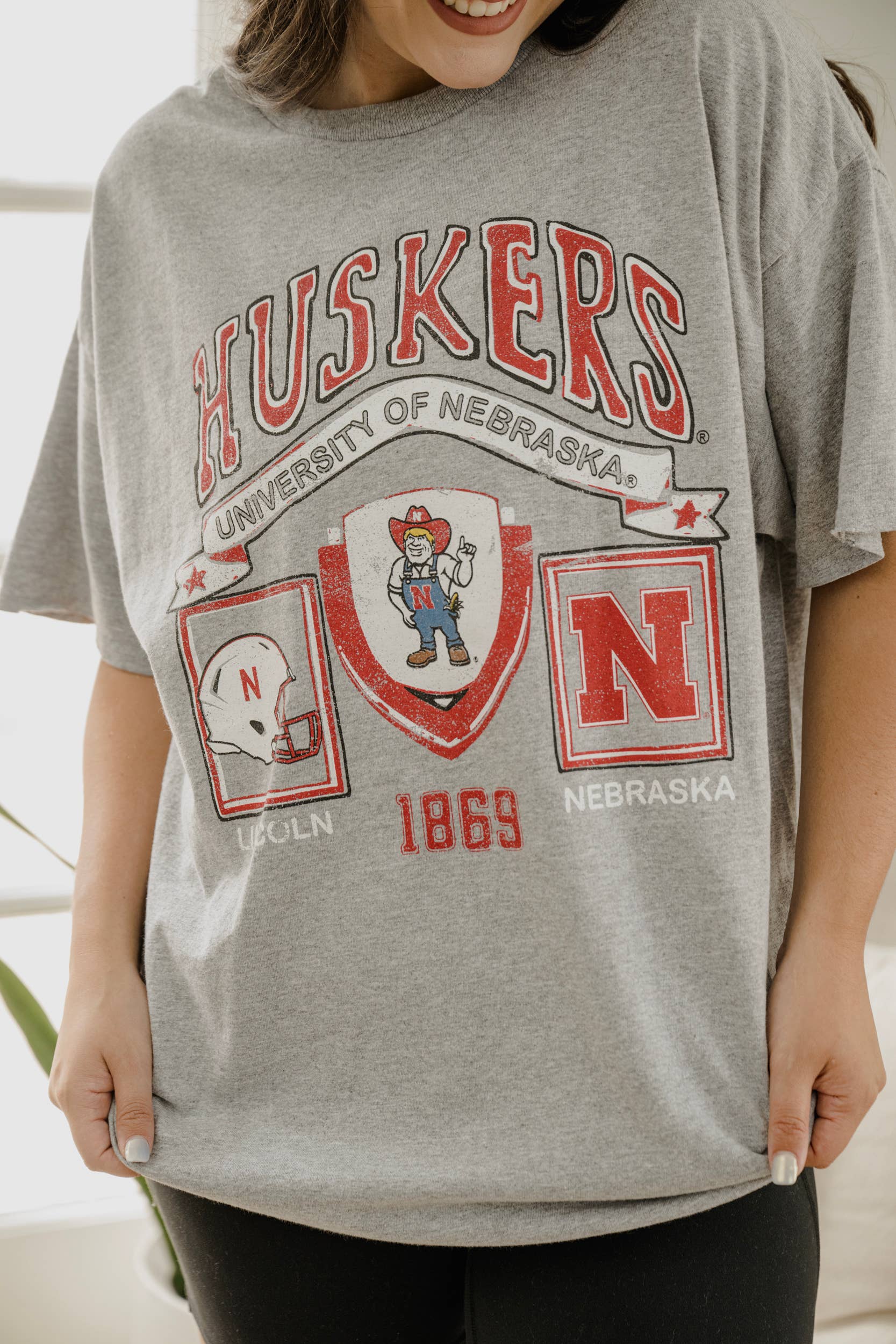 Nebraska Huskers Prep Patch Gray Thrifted Tee Hoodie, Sweatshirt | PodTeesHub.com