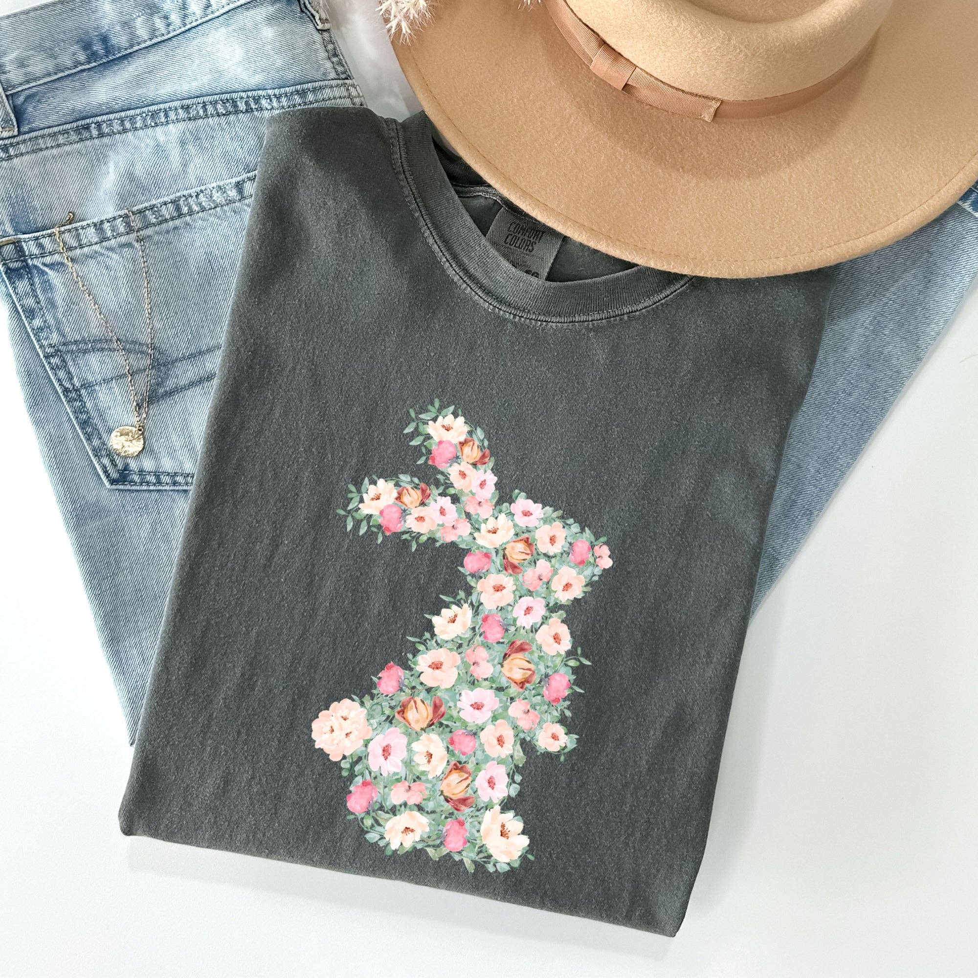 Floral Print Rabbit, Bunny, Easter Comfort Colors Tshirt Hoodie, Sweatshirt | PodTeesHub.com