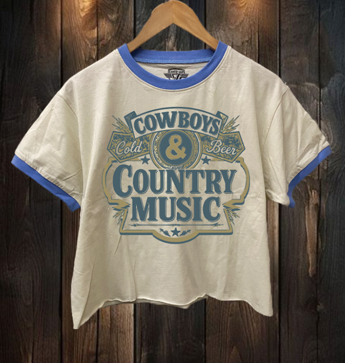 Cowboy, Cold Beer, and Country Music Ringer Relaxed Crop Tee Hoodie, Sweatshirt | PodTeesHub.com
