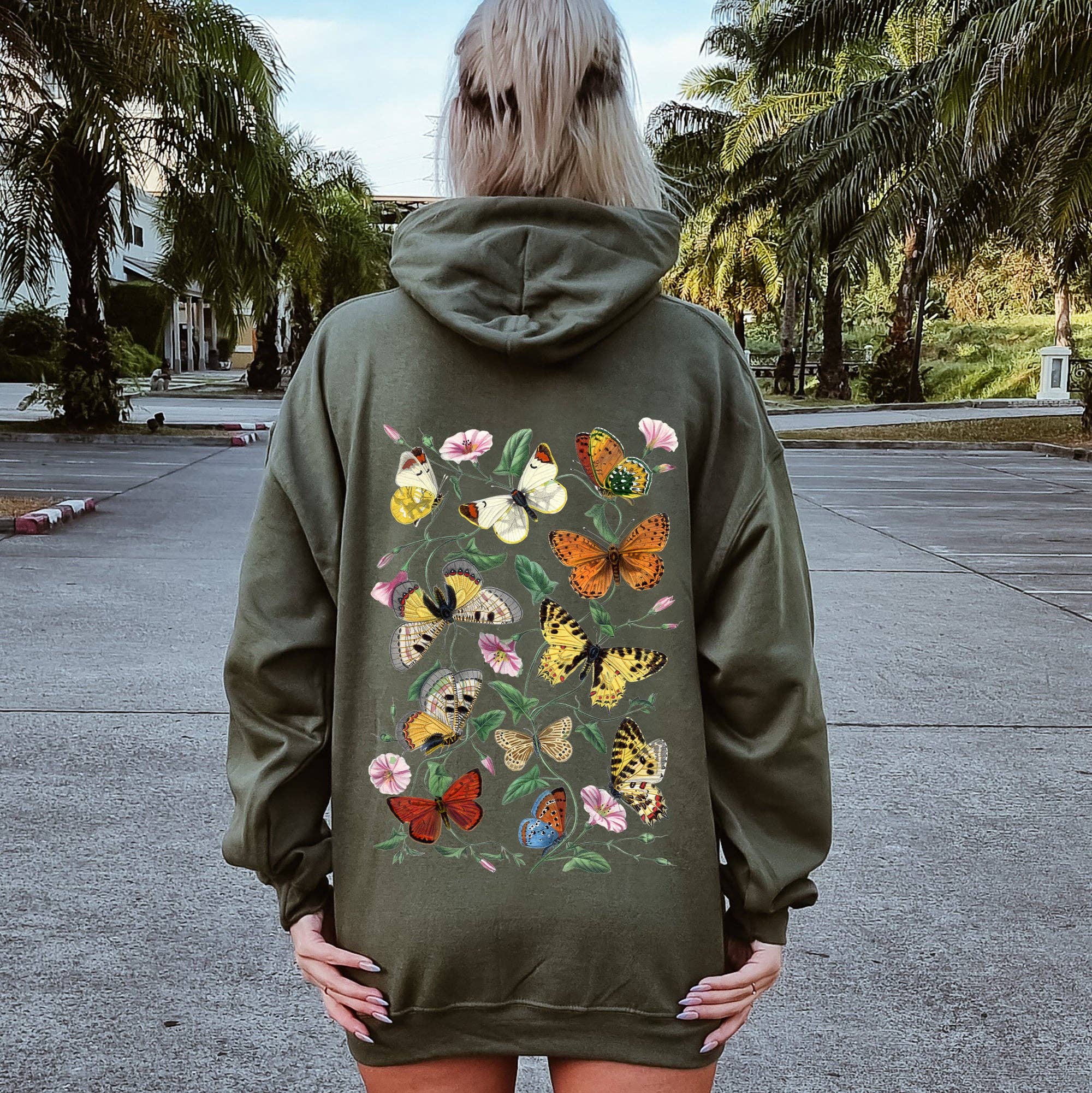 Butterfly Garden, Vibrant Floral and Butterfly Print Hoodie T-Shirts, Sweatshirt | PodTeesHub.com