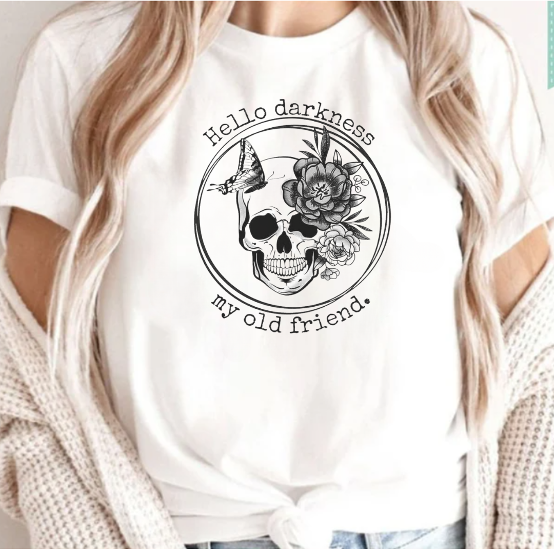 Hello Darkness My Old Friend Skull and Flowers T-Shirt Hoodie, Sweatshirt | PodTeesHub.com