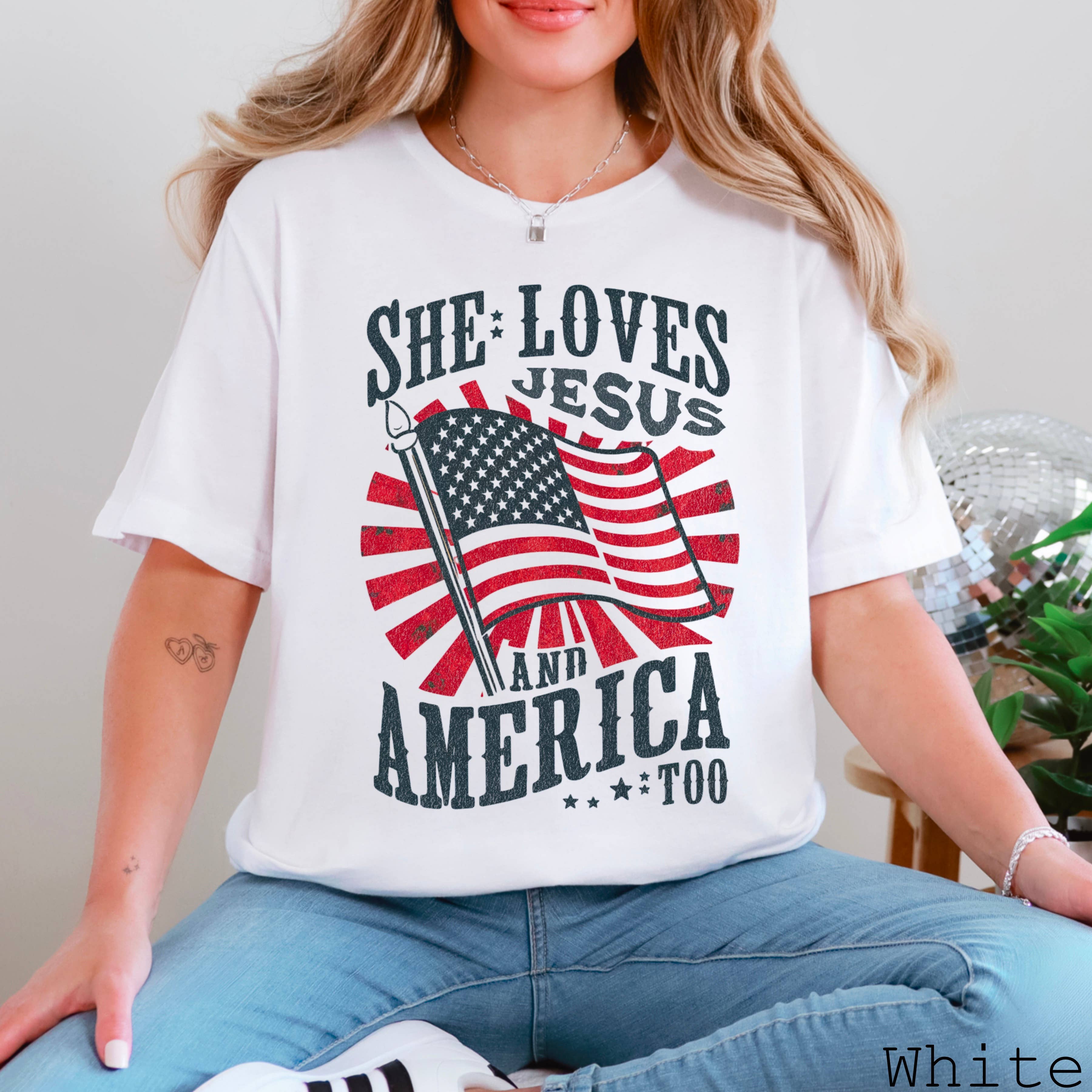 July 4th Graphic Tee | She Loves Jesus  | Bella Canvas Hoodie, Sweatshirt | PodTeesHub.com