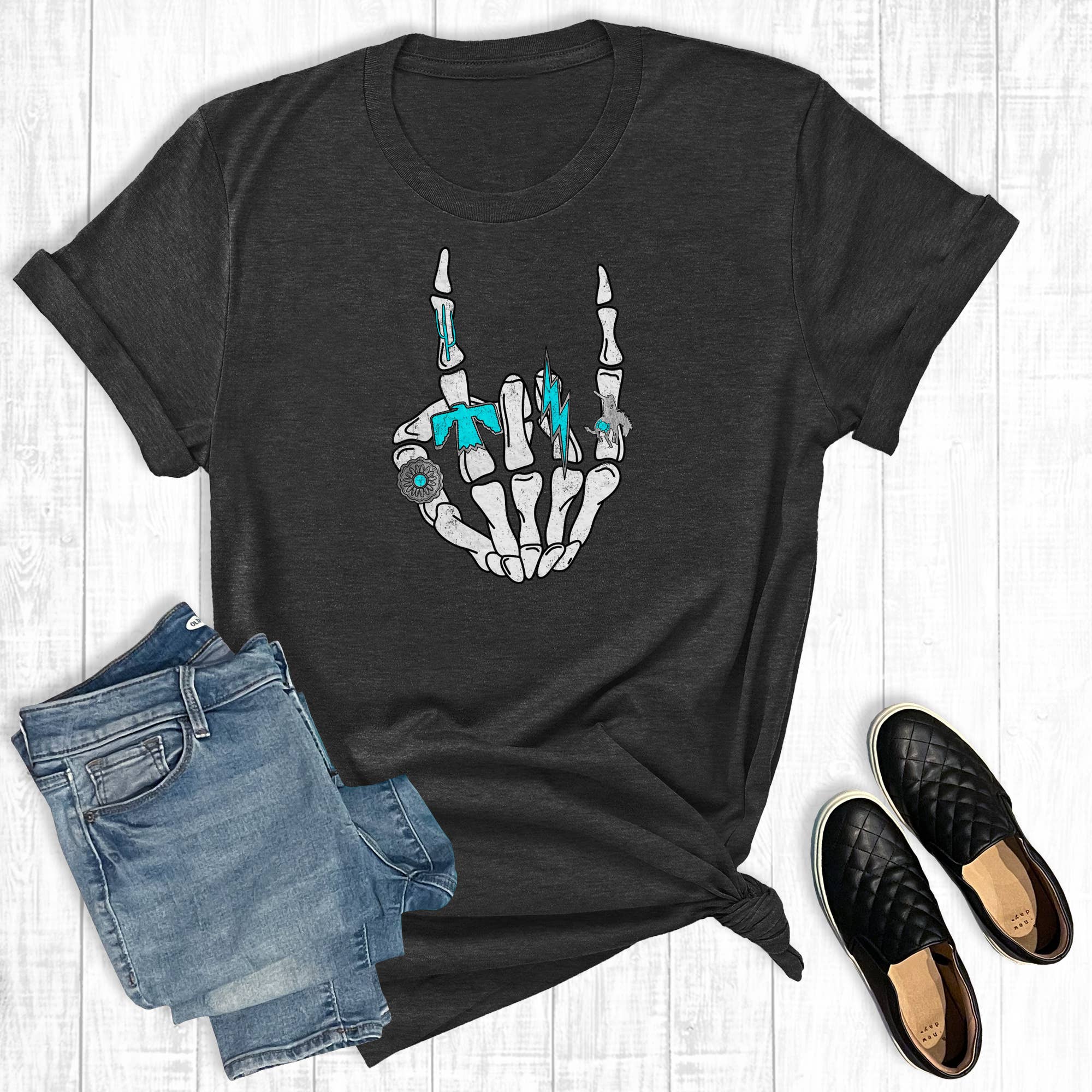 Turquoise Western Skeleton Hand Graphic Tee Hoodie, Sweatshirt | PodTeesHub.com