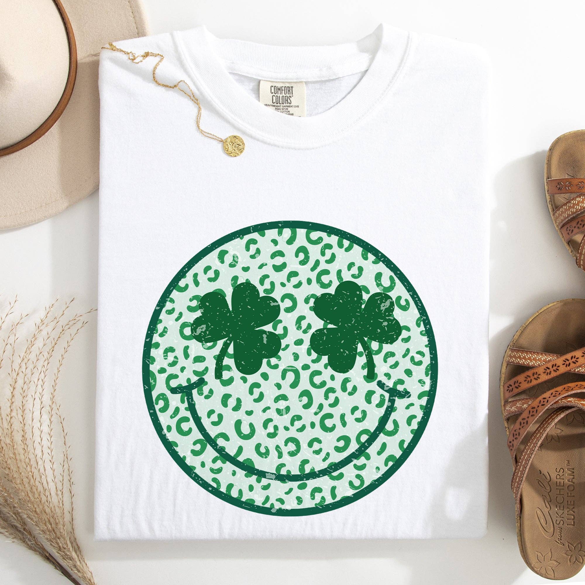 Leopard Print Smiley St Patrick's Day Shamrock Clover Tshirt Hoodie, Sweatshirt | PodTeesHub.com