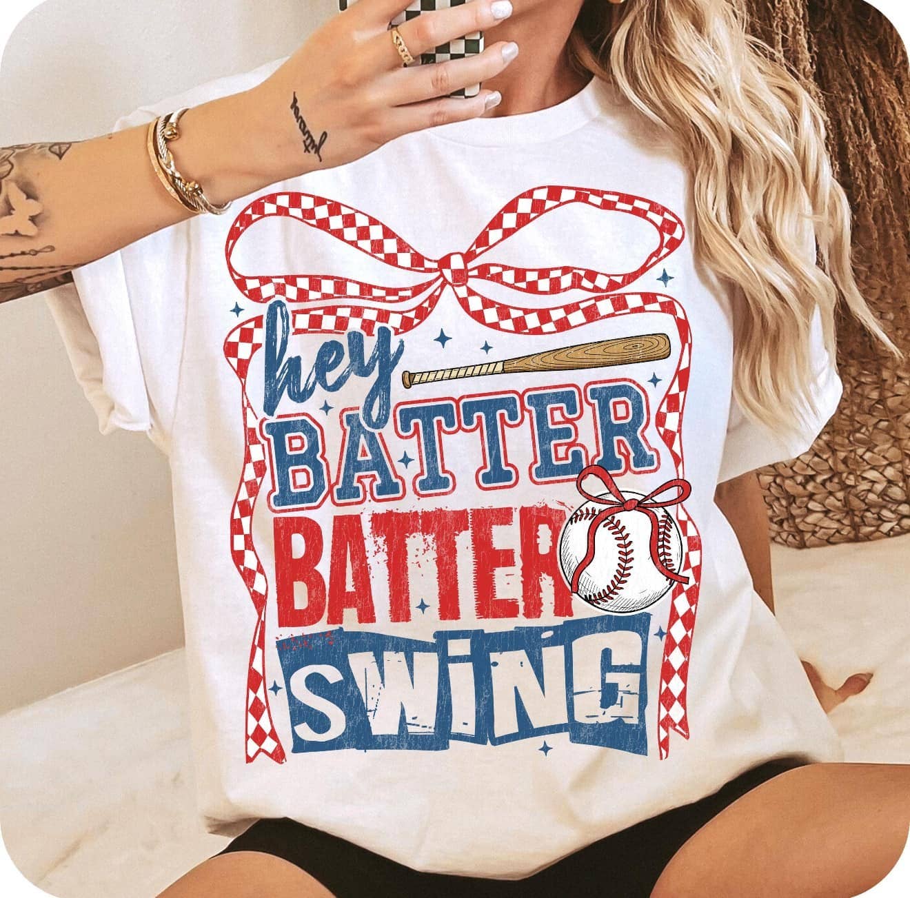 Hey Batter Batter Swing Gingham Bow Dtf Tee Hoodie, Sweatshirt | PodTeesHub.com