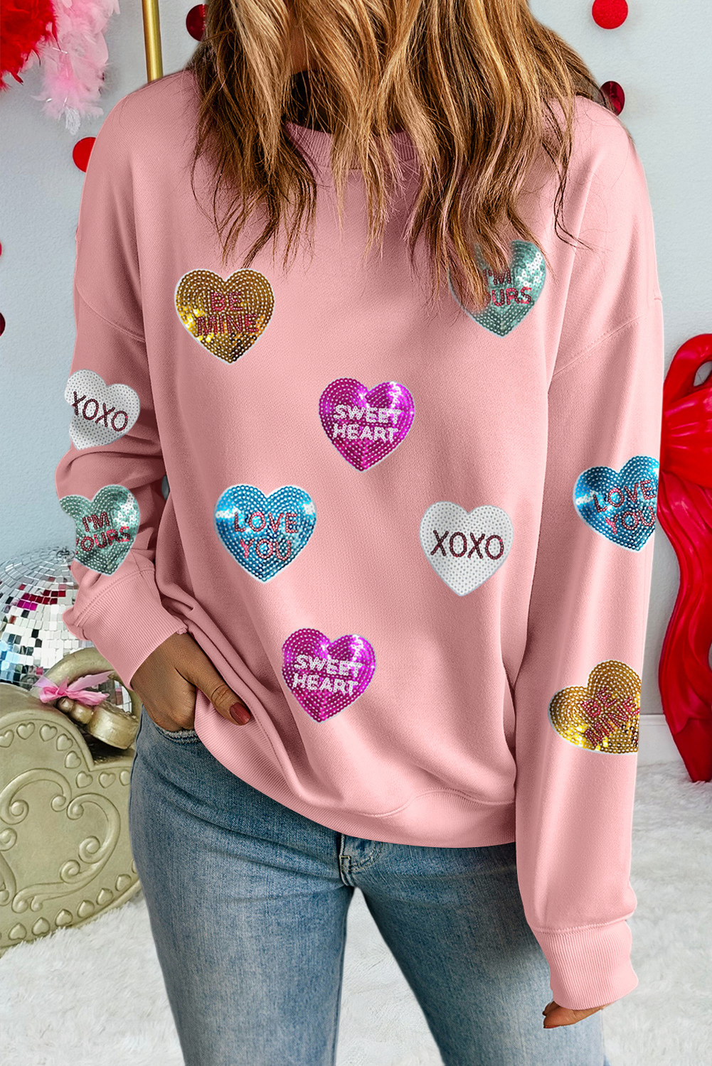 Sequin Romantic Heart Graphic Valentines Sweatshirt (S-2XL) T-Shirts, Hoodie | PodTeesHub.com