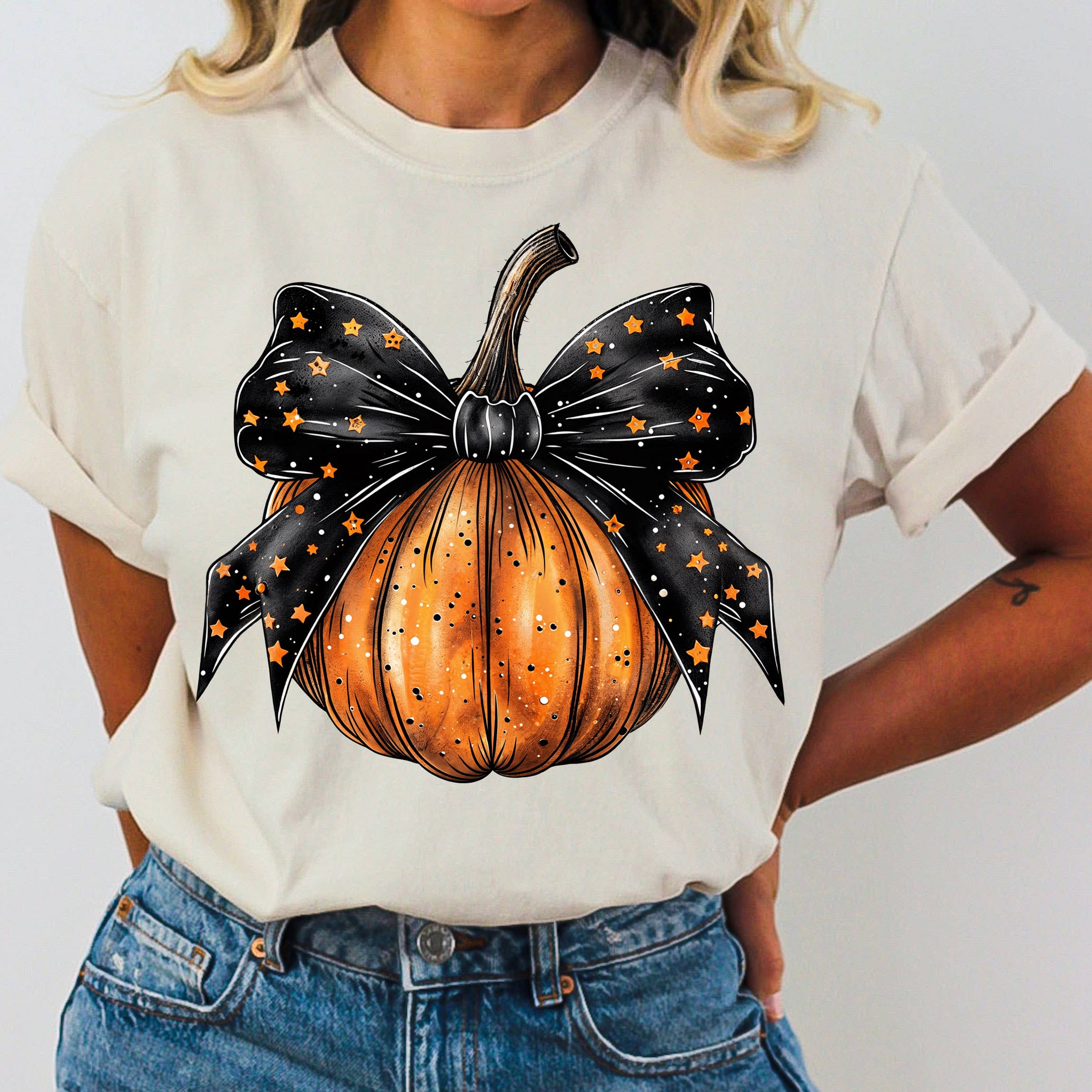 Retro Pumpkin Bow Pigment Dyed Tee Hoodie, Sweatshirt | PodTeesHub.com