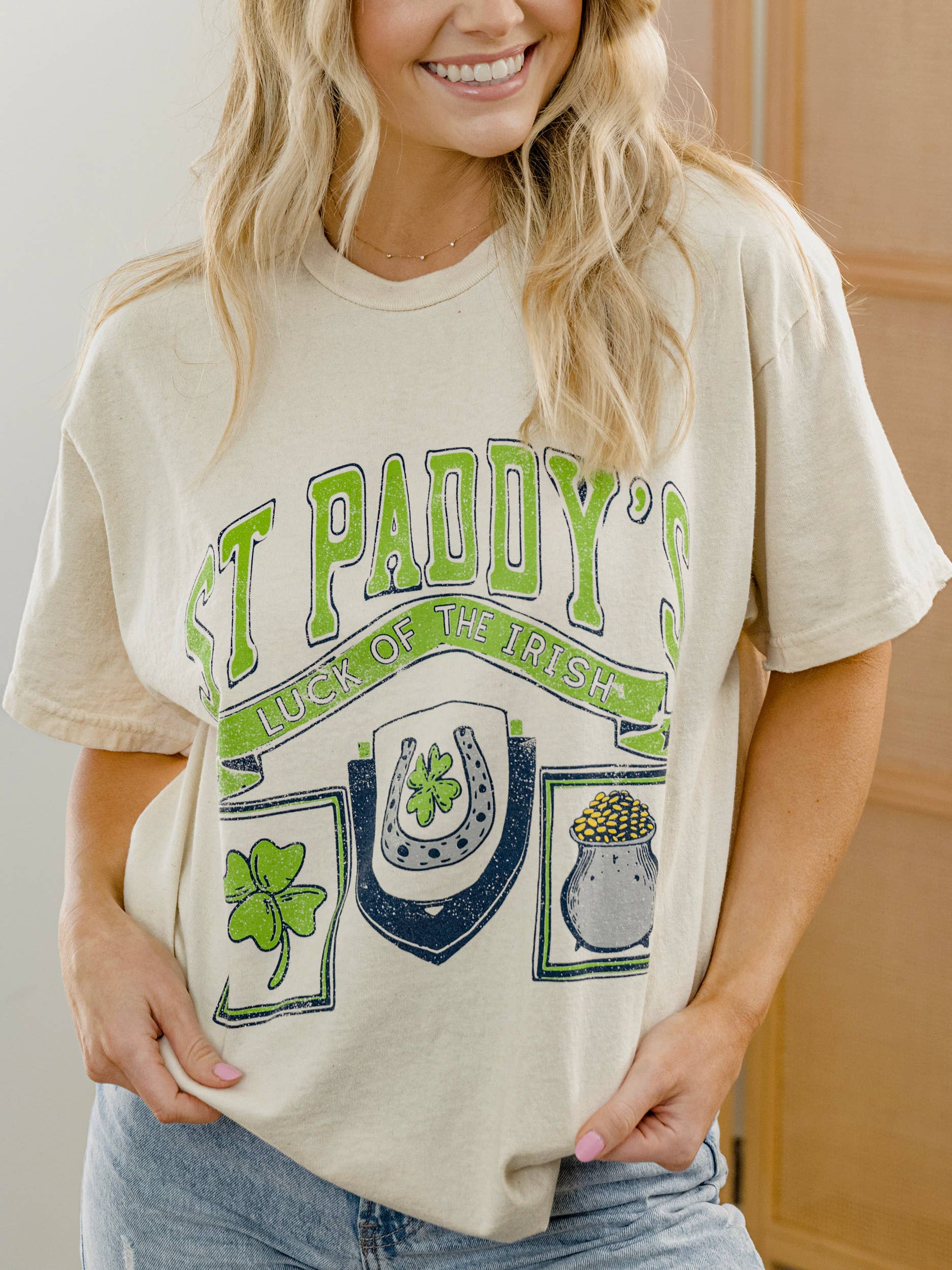St. Paddy's Day Patch Off White Thrifted Graphic Tee Hoodie, Sweatshirt | PodTeesHub.com