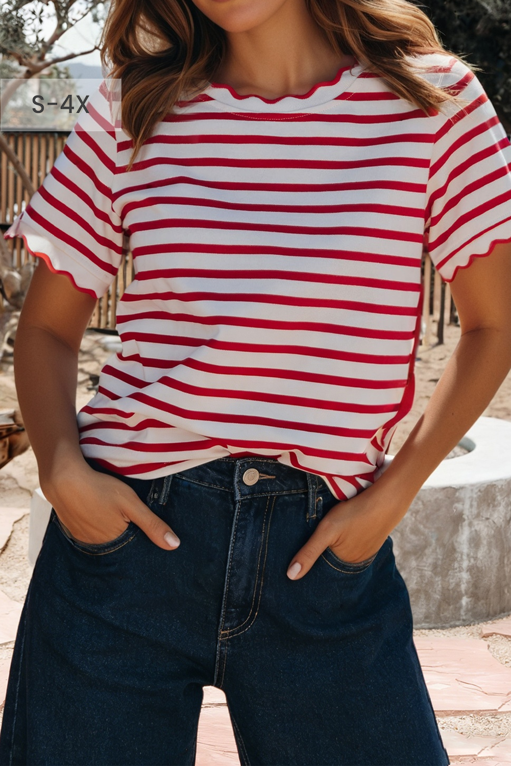 Plus Size Stripe Scalloped Trim Round Neck T Shirt (S-4X) Hoodie, Sweatshirt | PodTeesHub.com