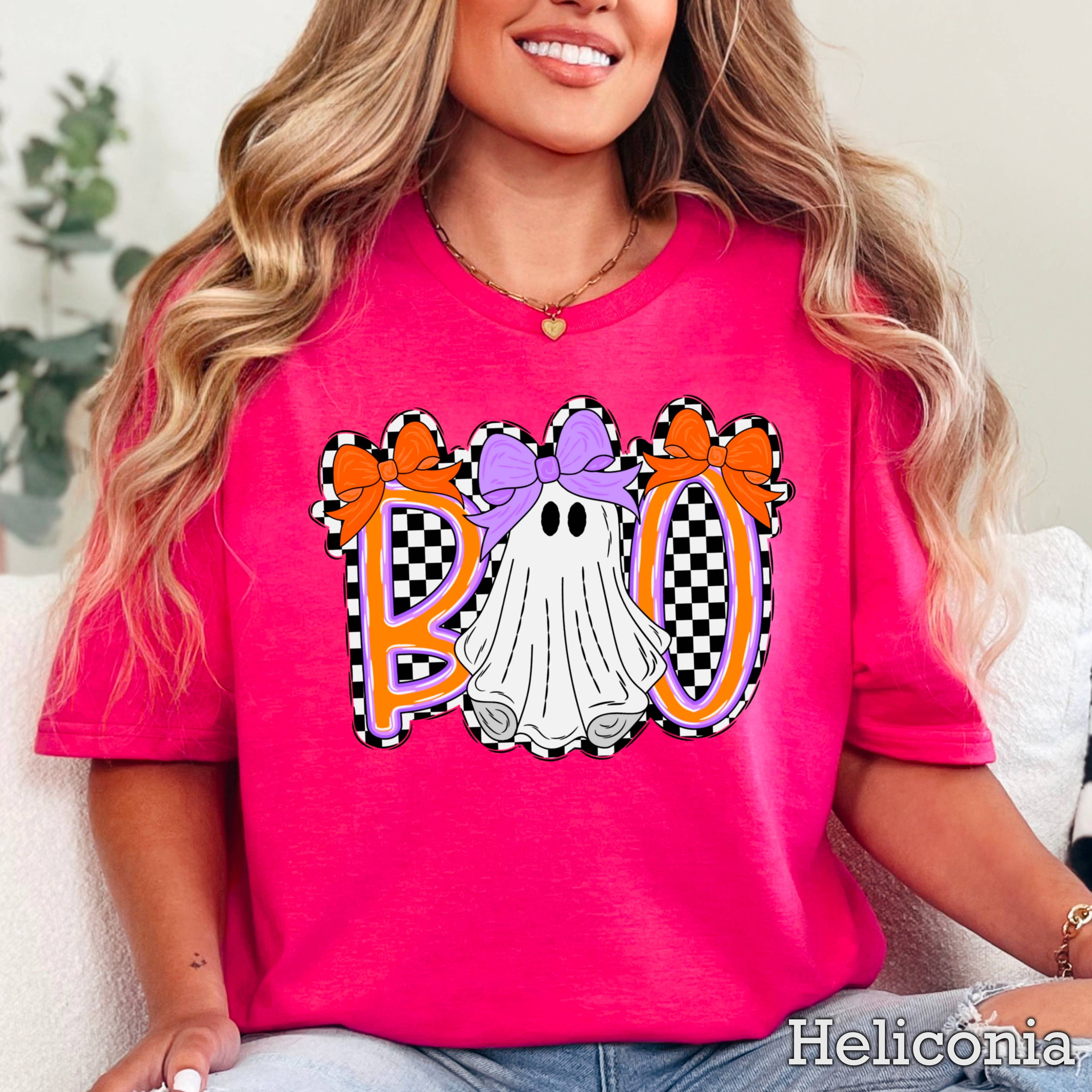 Checkered Boo  Halloween 2025 Women’S Graphic Tee | Gildan Hoodie, Sweatshirt | PodTeesHub.com