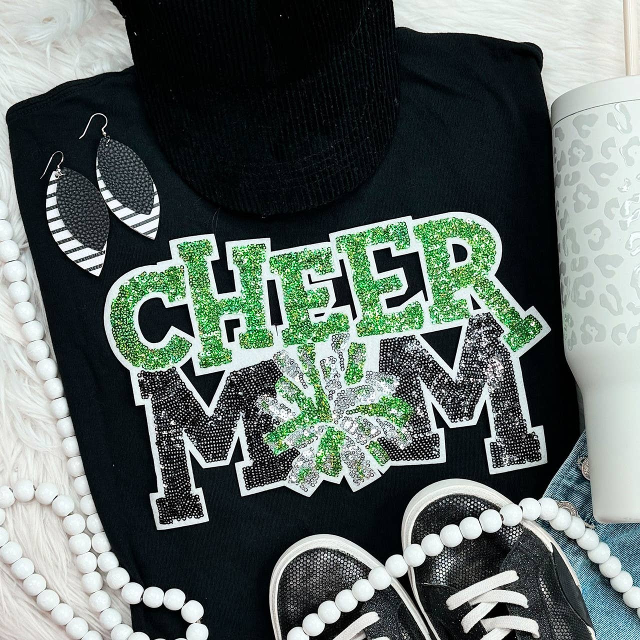Green Sequin Cheer Mom Patch Black Everyday Tee Hoodie, Sweatshirt | PodTeesHub.com