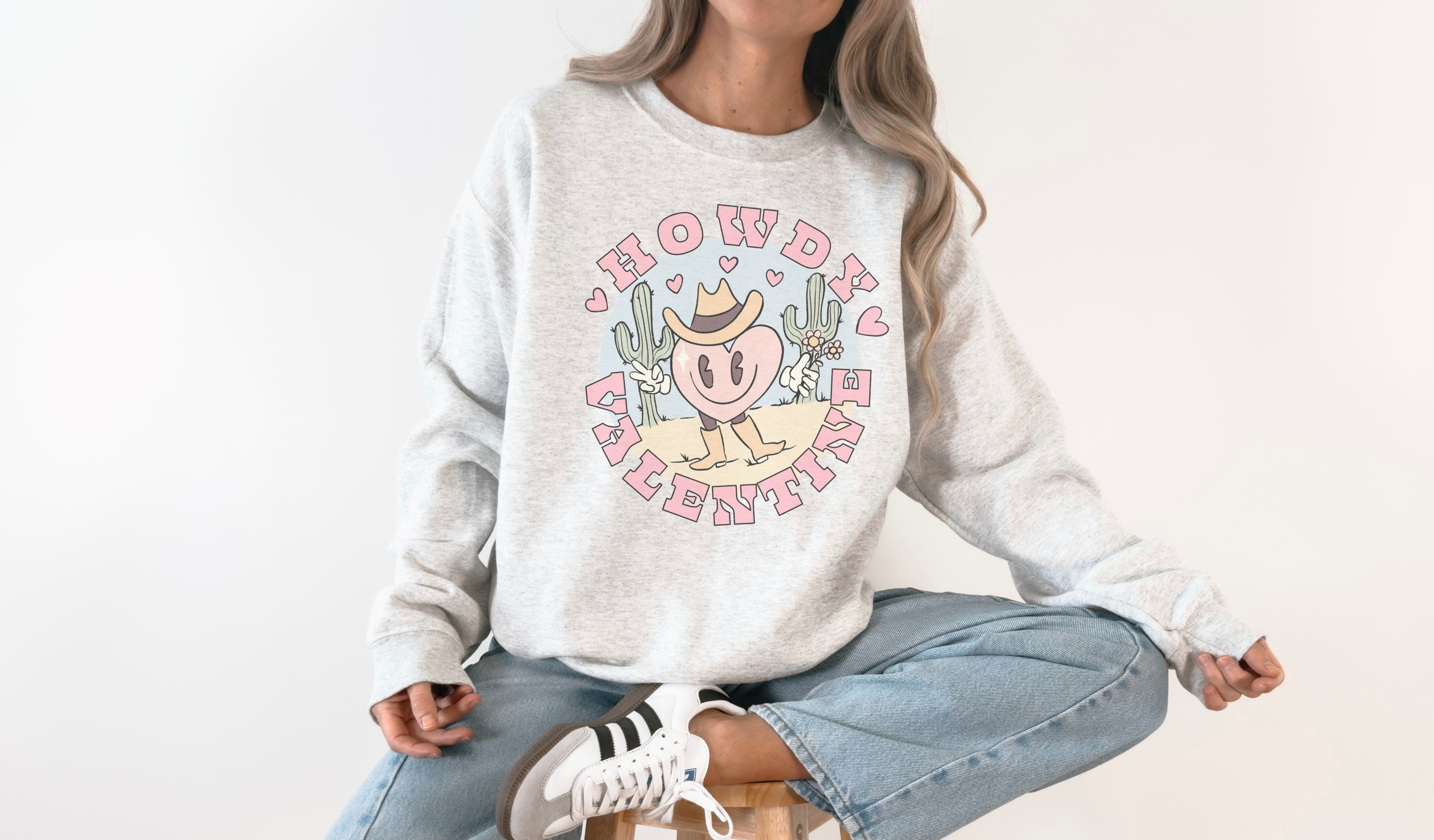 Howdy Valentine Heart Crew Neck Sweatshirt T-Shirts, Hoodie | PodTeesHub.com