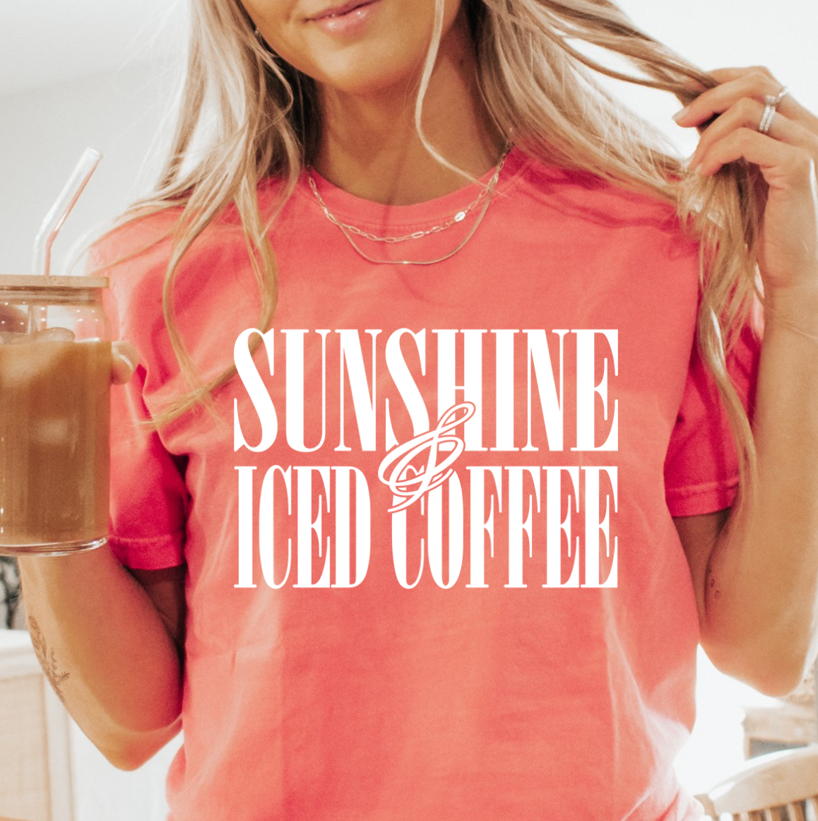 Sunshine and Iced Coffee Comfort Color Tee Hoodie, Sweatshirt | PodTeesHub.com