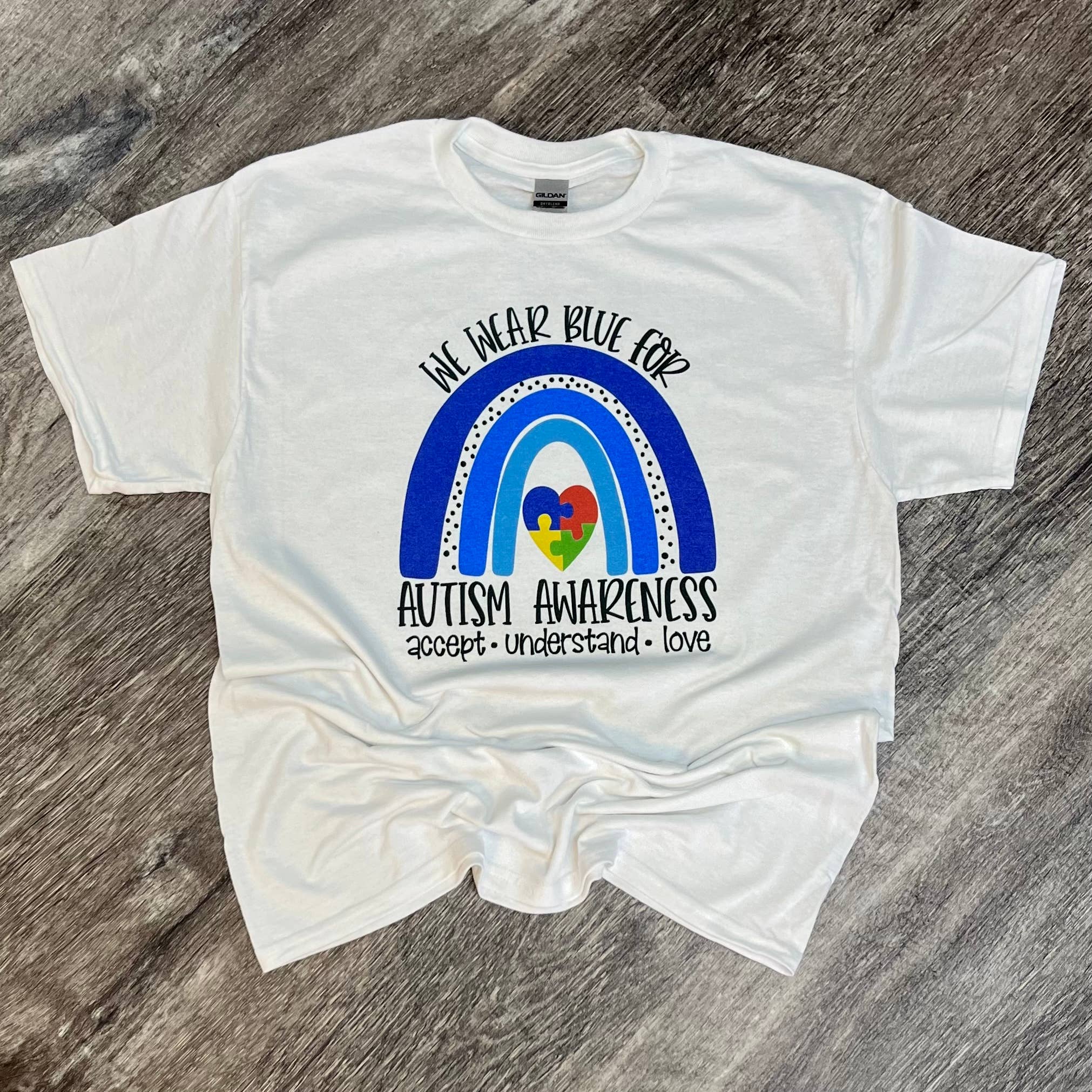 We Wear Blue For Autism Awareness On White Tee Hoodie, Sweatshirt | PodTeesHub.com