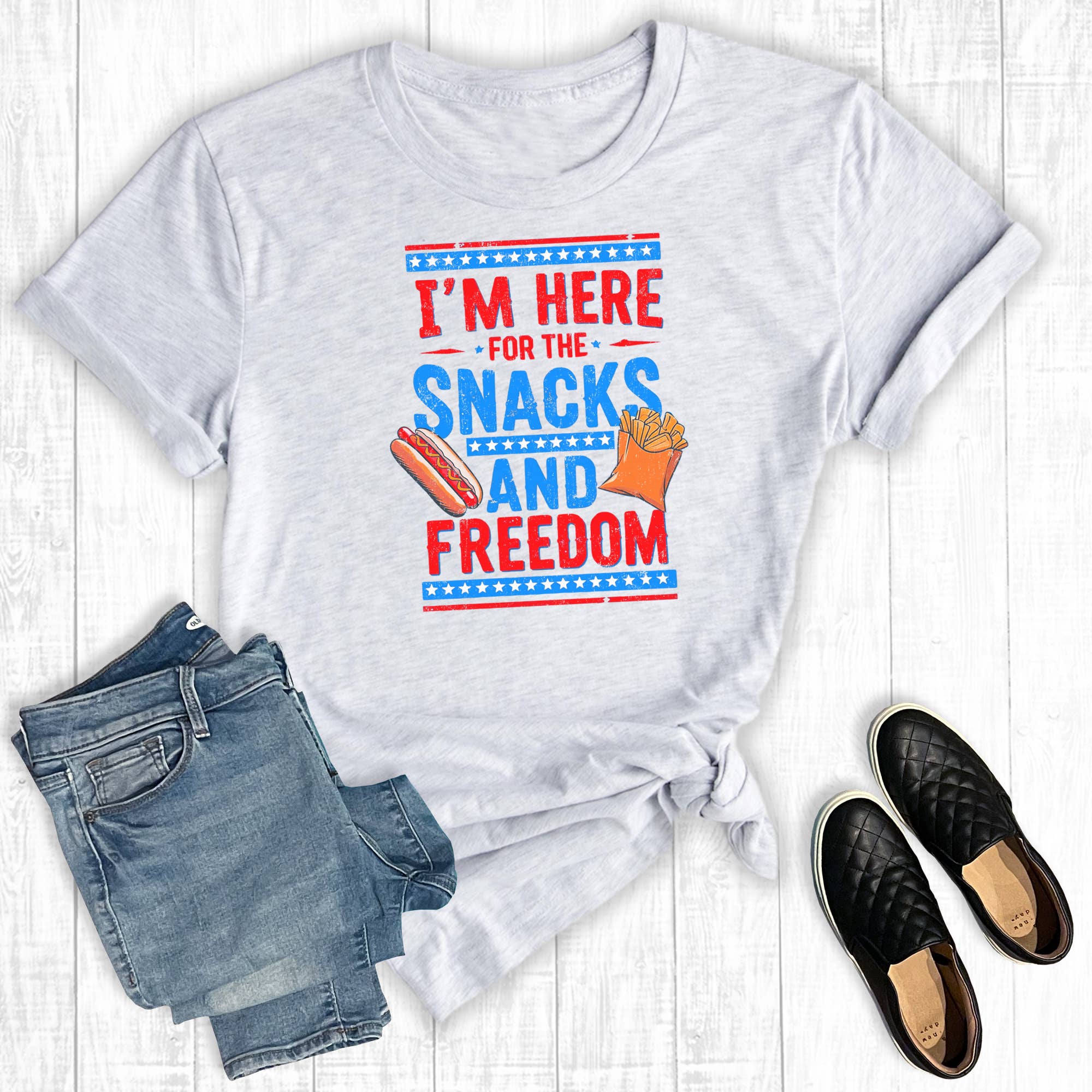 4th of July I'm Here For the Snacks and Freedom Graphic Tee Hoodie, Sweatshirt | PodTeesHub.com