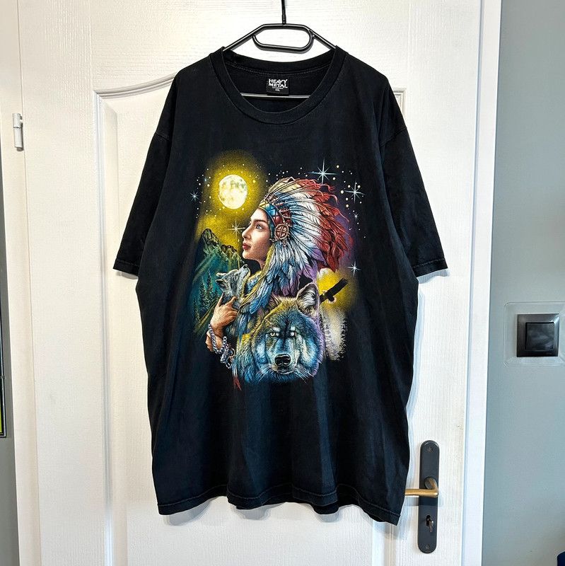 Vintage Heavy Metal T Shirt With Indian And Wolf Big Logo Print Hoodie, Sweatshirt | PodTeesHub.com