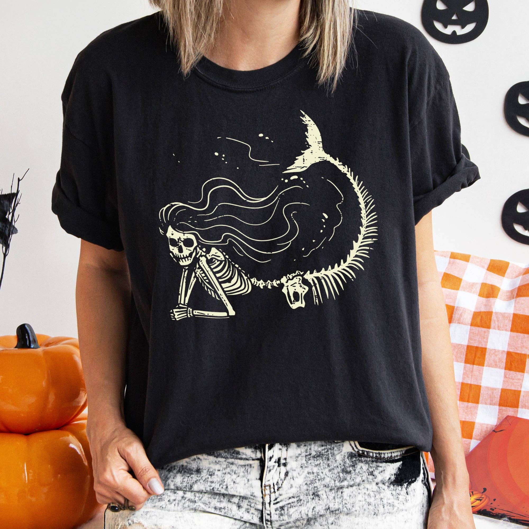 Mermaid Skeleton Retro Halloween T-Shirt Yellow Print Hoodie, Sweatshirt | PodTeesHub.com