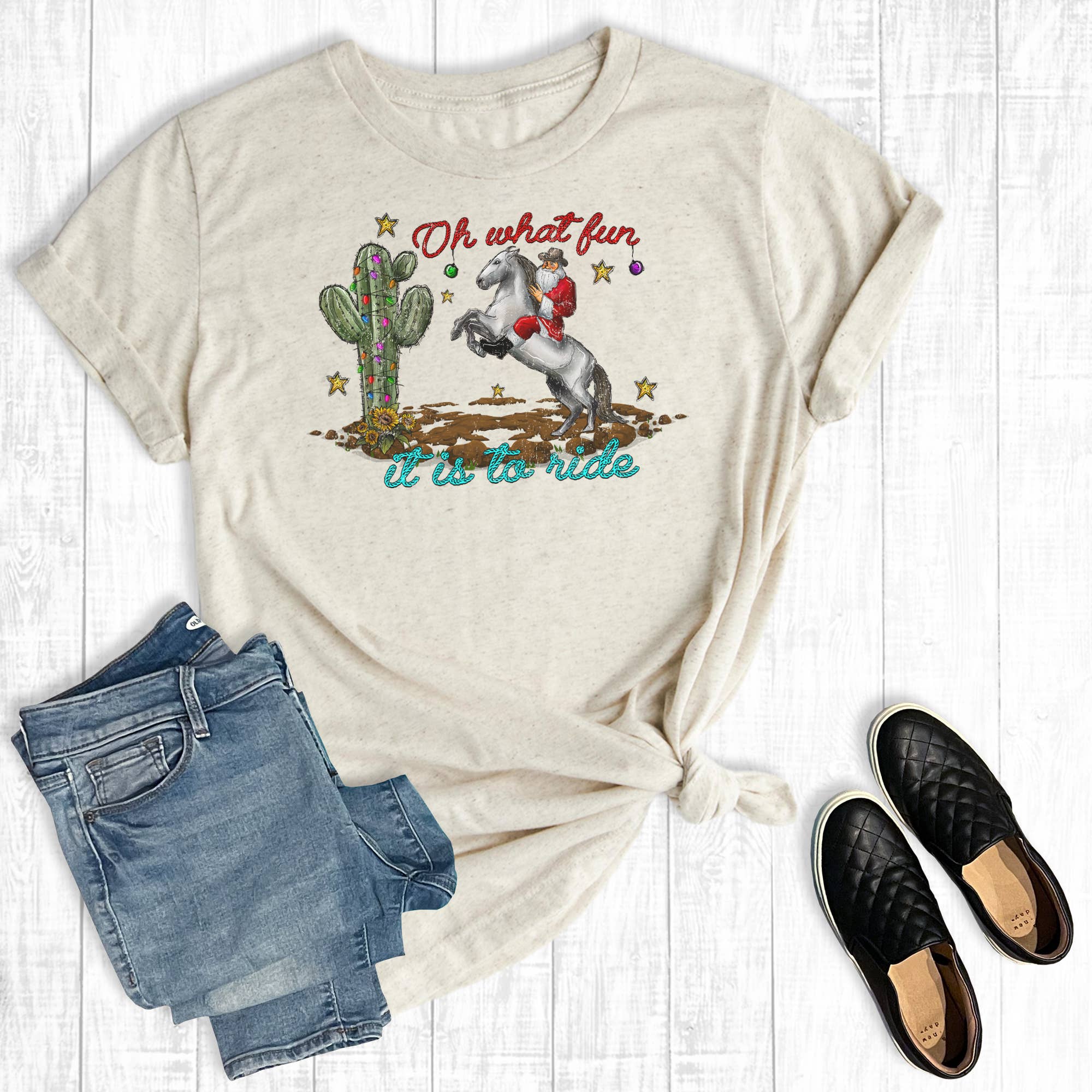 Christmas Oh What Fun It Is To Ride Cowboy Santa Graphic Tee Hoodie, Sweatshirt | PodTeesHub.com