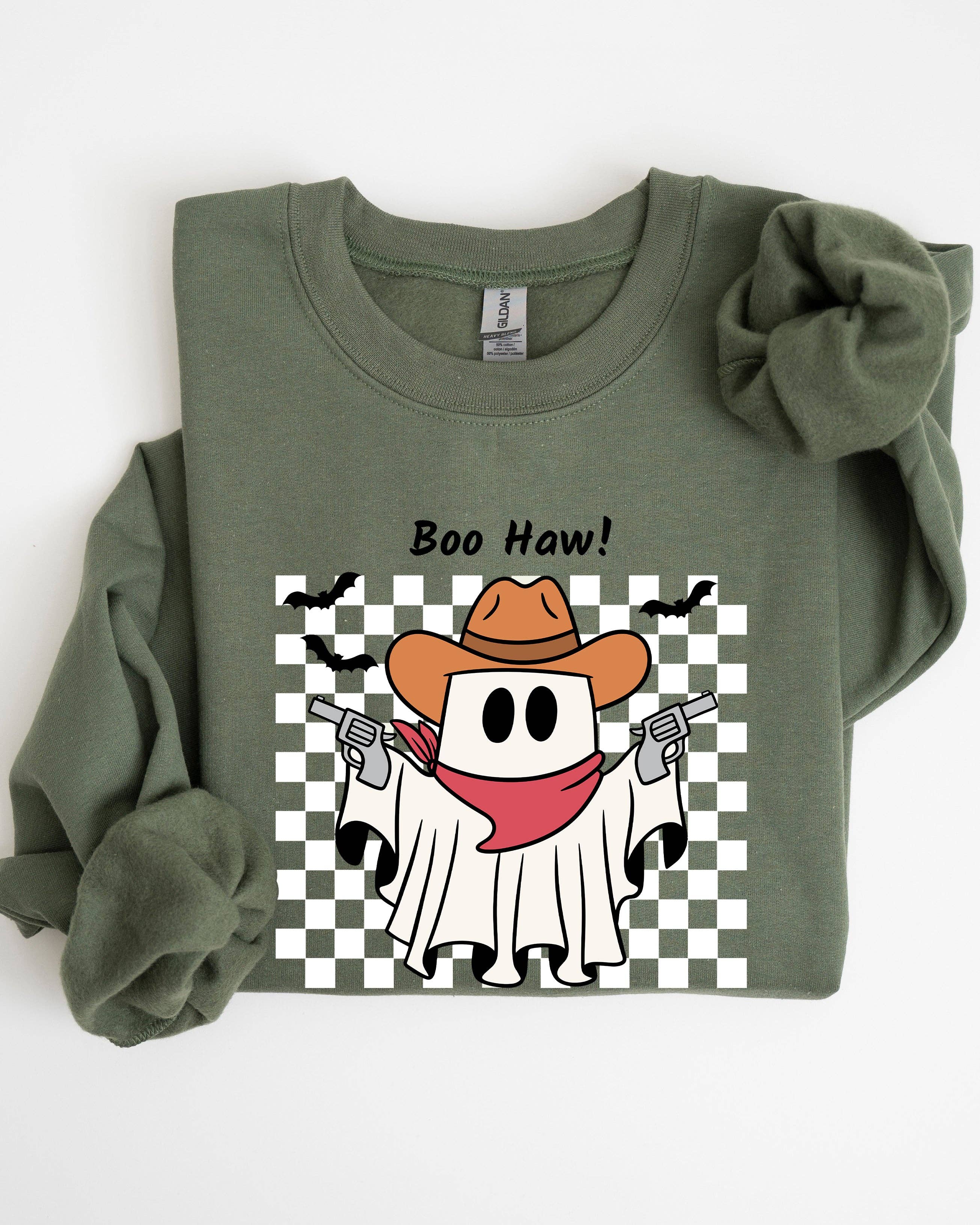 Boo Haw, Cowboy Ghost Checkered Western Halloween Sweatshirt T-Shirts, Hoodie | PodTeesHub.com