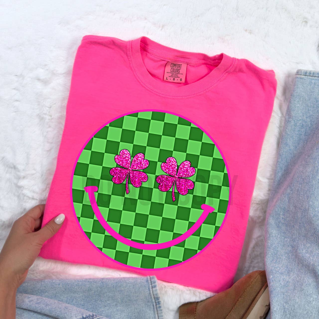 Faux Glitter Checkered Shamrock Happy Face Tee Hoodie, Sweatshirt | PodTeesHub.com