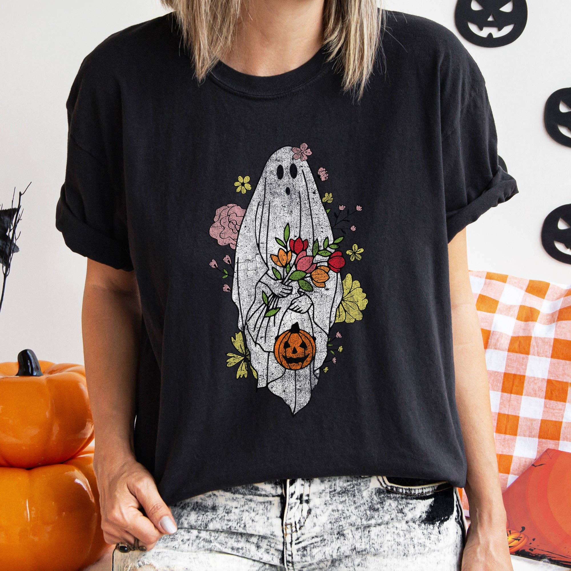 Ghost with Flowers Retro Halloween T-Shirt Hoodie, Sweatshirt | PodTeesHub.com