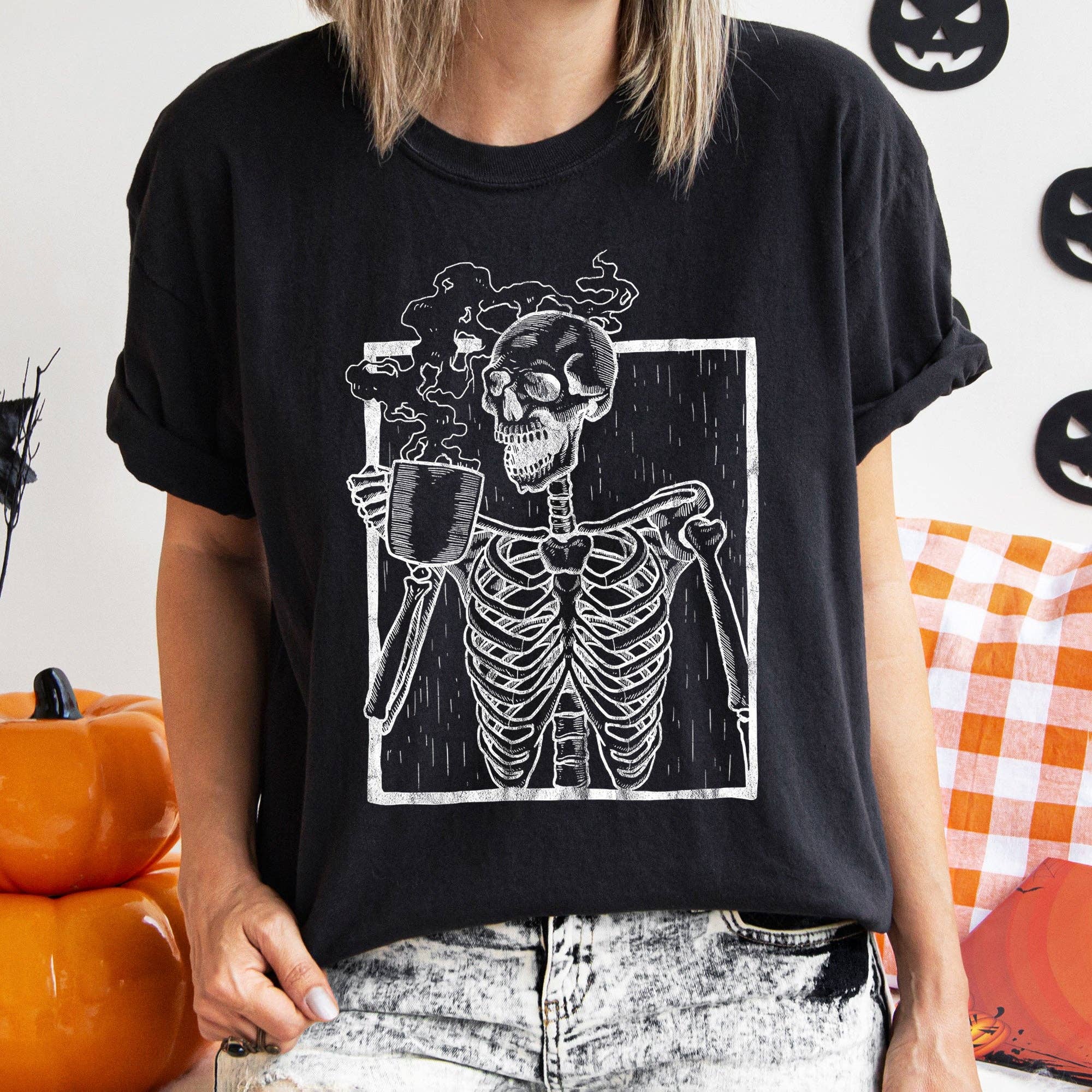 Skeleton and Coffee Retro Halloween T-Shirt White Print Hoodie, Sweatshirt | PodTeesHub.com