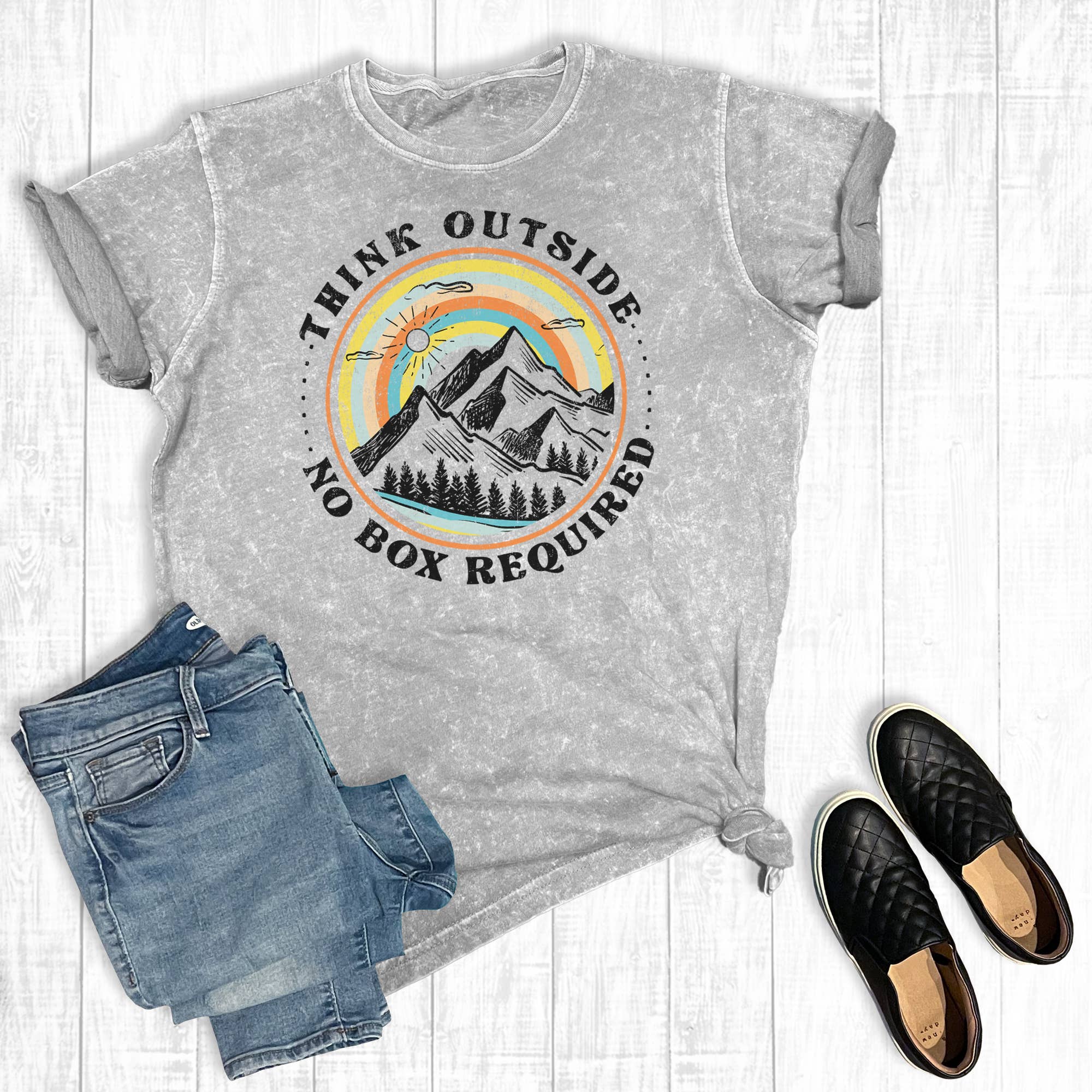 Think Outside No Box Required Mineral Wash Graphic Tee Hoodie, Sweatshirt | PodTeesHub.com