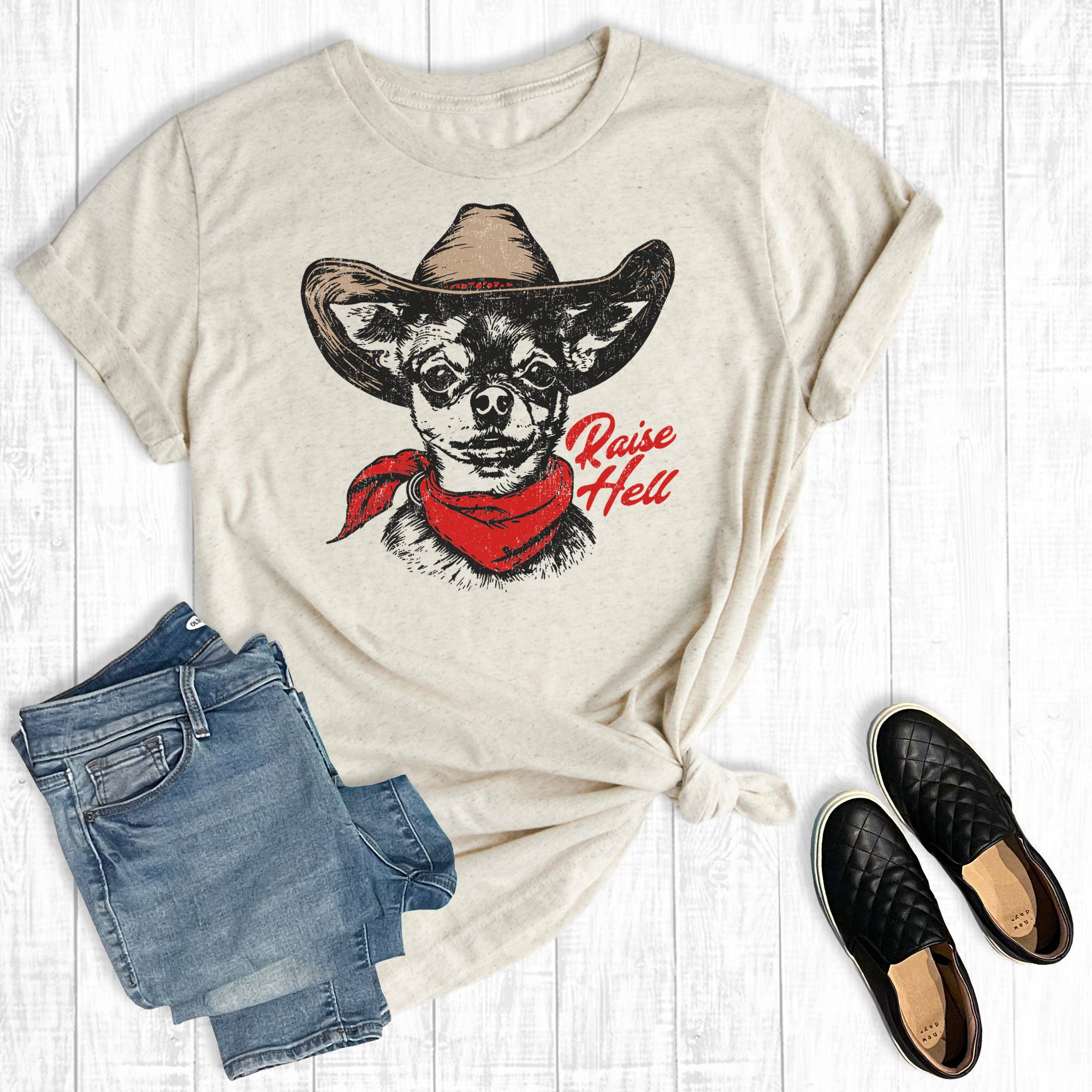 Western Raisin' Hell Cowboy Chihuahua Graphic Tee Hoodie, Sweatshirt | PodTeesHub.com