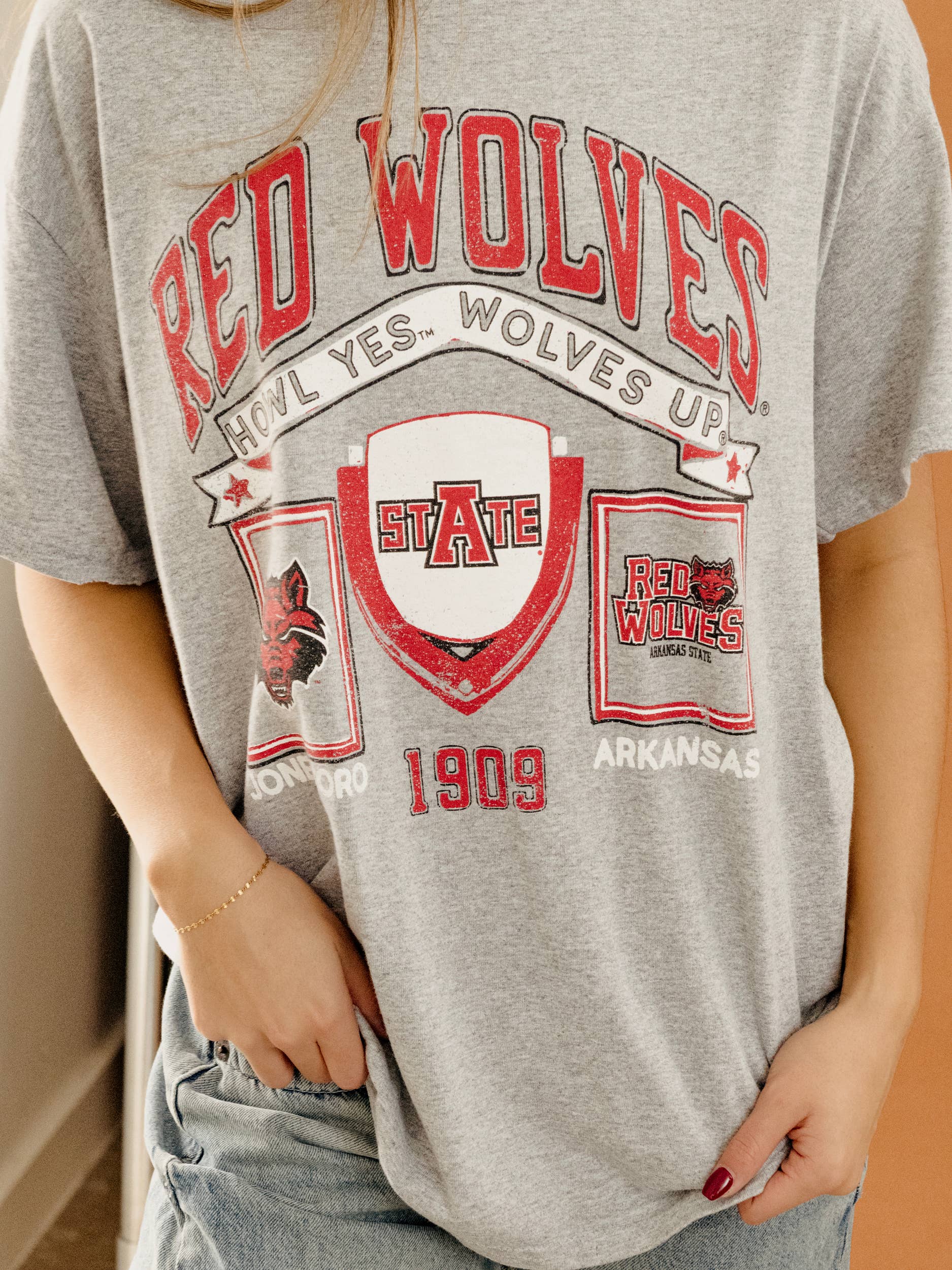 Arkansas State Red Wolves Prep Patch Gray Thrifted Tee Hoodie, Sweatshirt | PodTeesHub.com