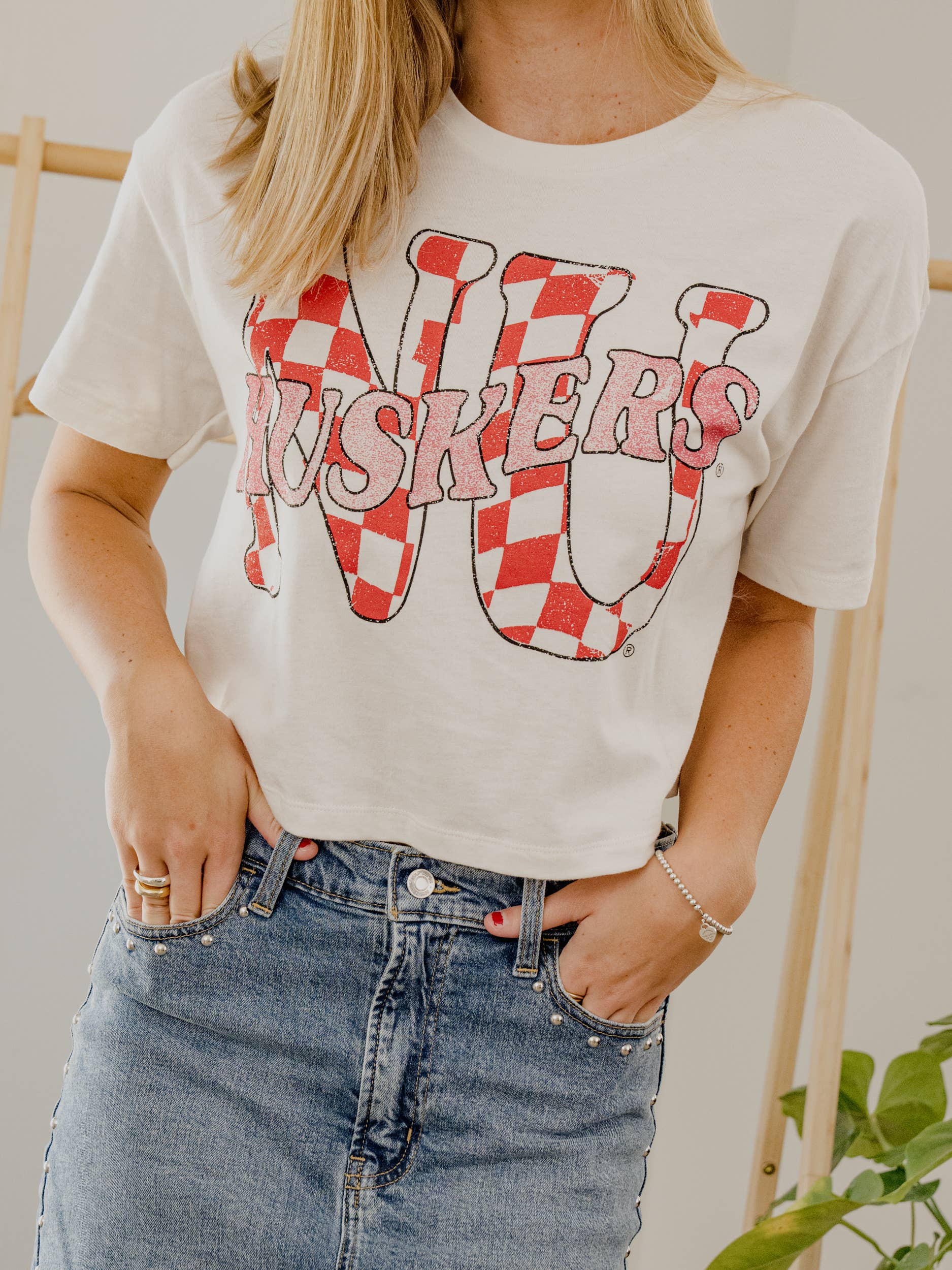 Nebraska Huskers Twisted Check Off White Cropped Tee Hoodie, Sweatshirt | PodTeesHub.com