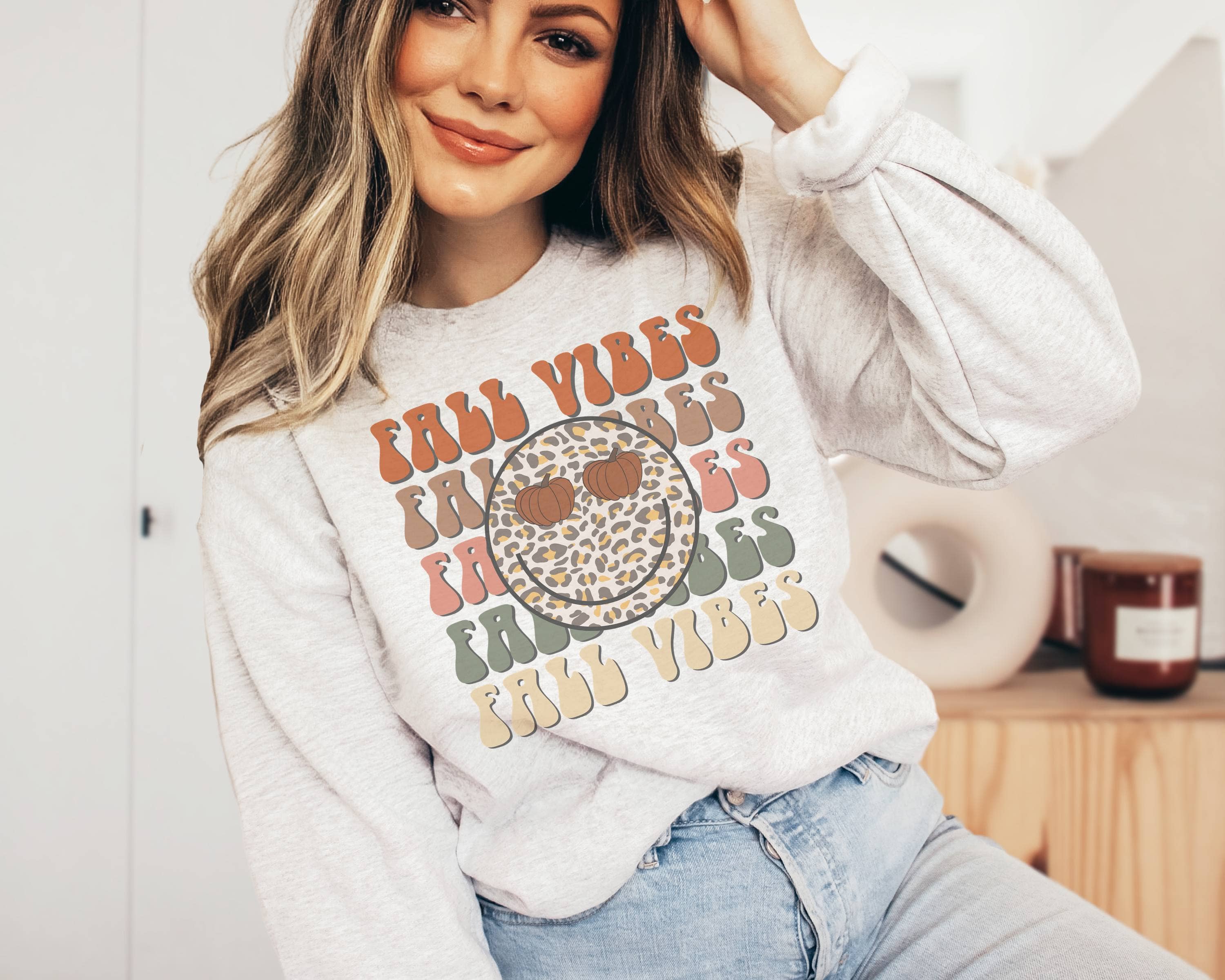 Fall Vibes Happy Face Crew Neck Sweatshirt | Fall Sweater T-Shirts, Hoodie | PodTeesHub.com