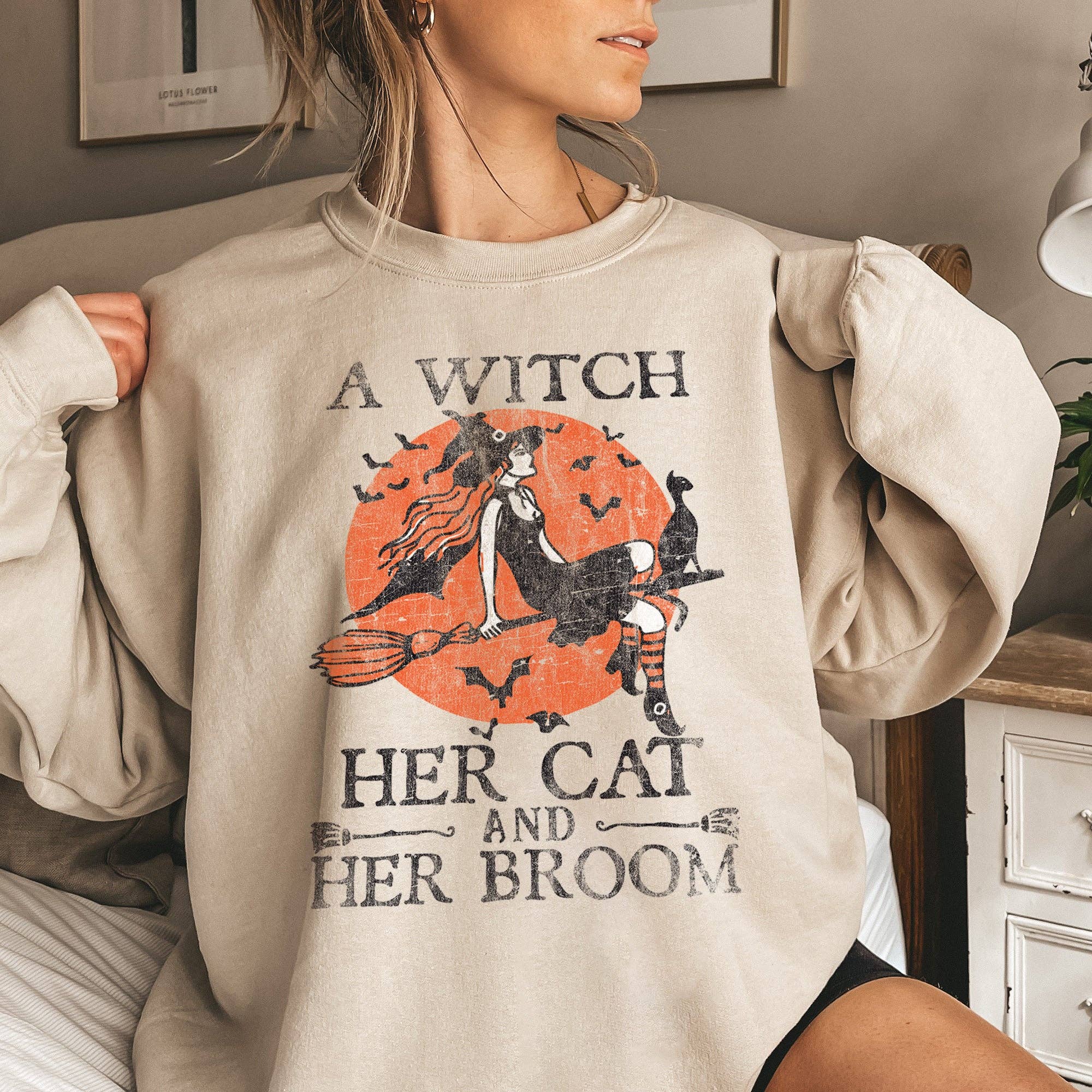 Witch Cat Broom Halloween Sweatshirt T-Shirts, Hoodie | PodTeesHub.com