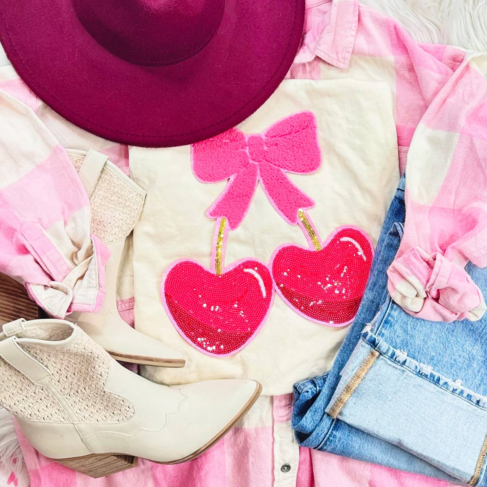 Heart Cherries Sequin Patch Ivory Tee Hoodie, Sweatshirt | PodTeesHub.com