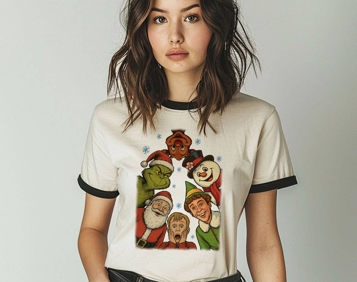 Christmas Icons Looking Down Santa Grinch Elf Ringer Shirt Hoodie, Sweatshirt | PodTeesHub.com
