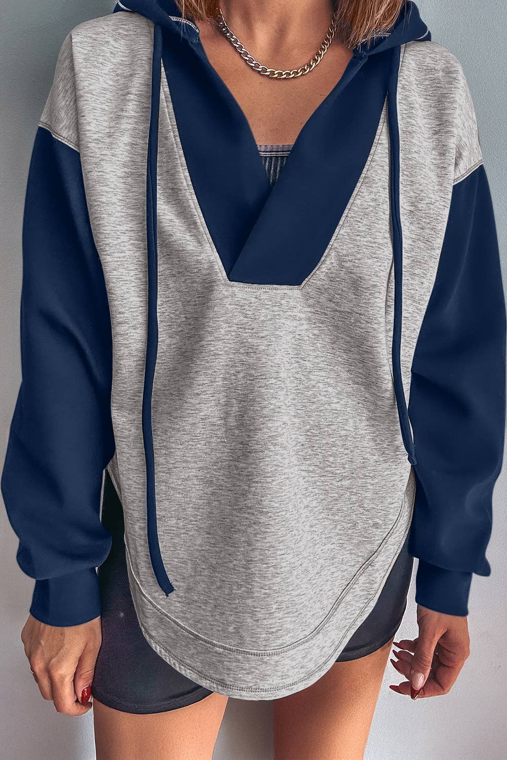 Fall 2025 Color Block Patchwork V Neck Drawstring Hoodie T-Shirts, Sweatshirt | PodTeesHub.com