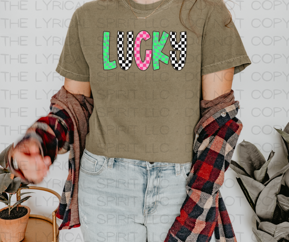 Lucky Checkered Comfort Colors T-Shirt Hoodie, Sweatshirt | PodTeesHub.com