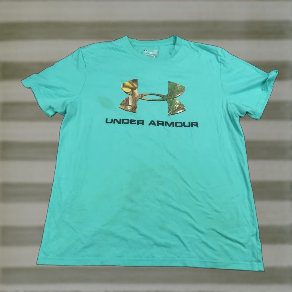 Armour Under Armour Shirt Men Large Teal Camo Logo Short Sleeve Graphic Tee Crew Neck Relaxed Hoodie, Sweatshirt