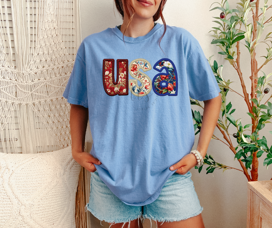 Exclusive USA Floral Faux Embroidery T-Shirt Hoodie, Sweatshirt | PodTeesHub.com