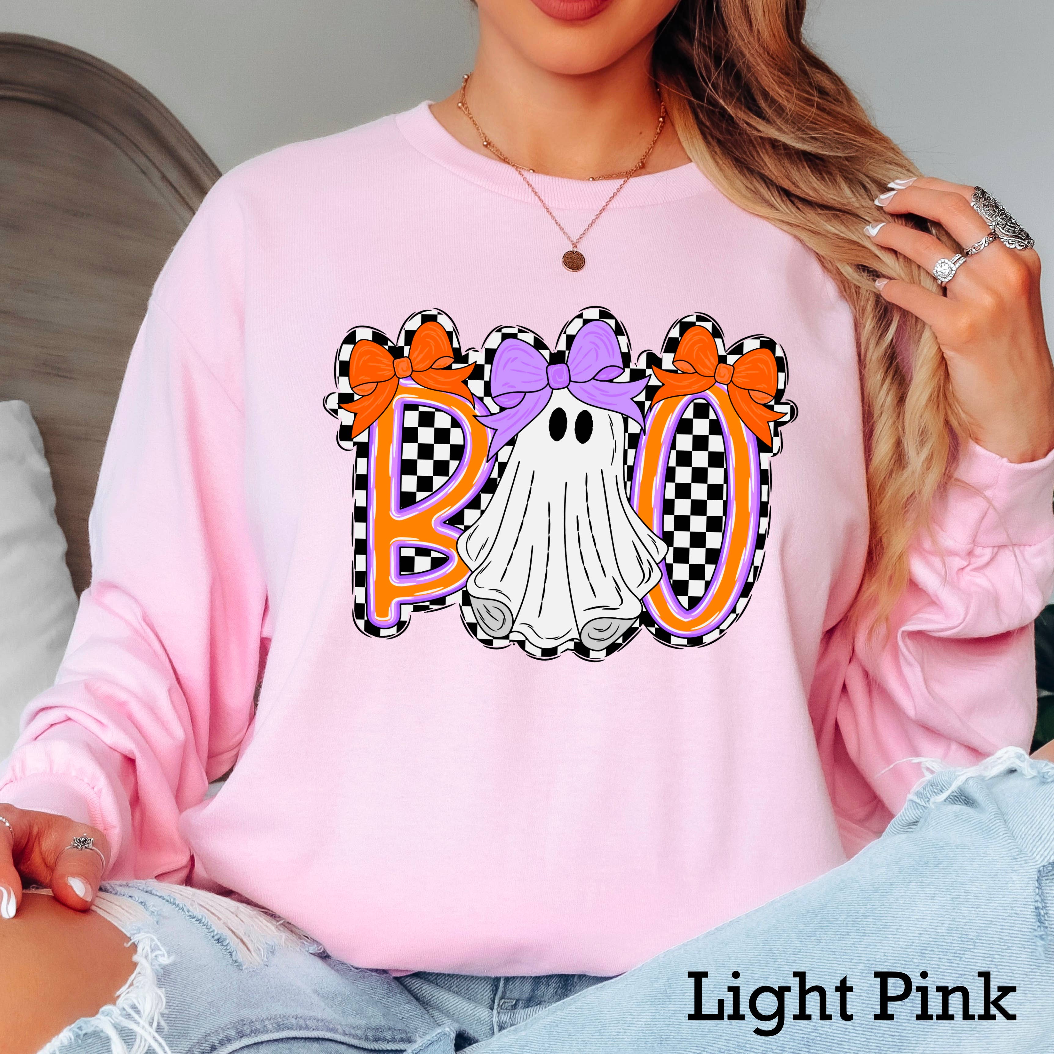 Halloween 2025 Checkered Boo  Long Sleeve Shirt | Gildan Hoodie, Sweatshirt | PodTeesHub.com