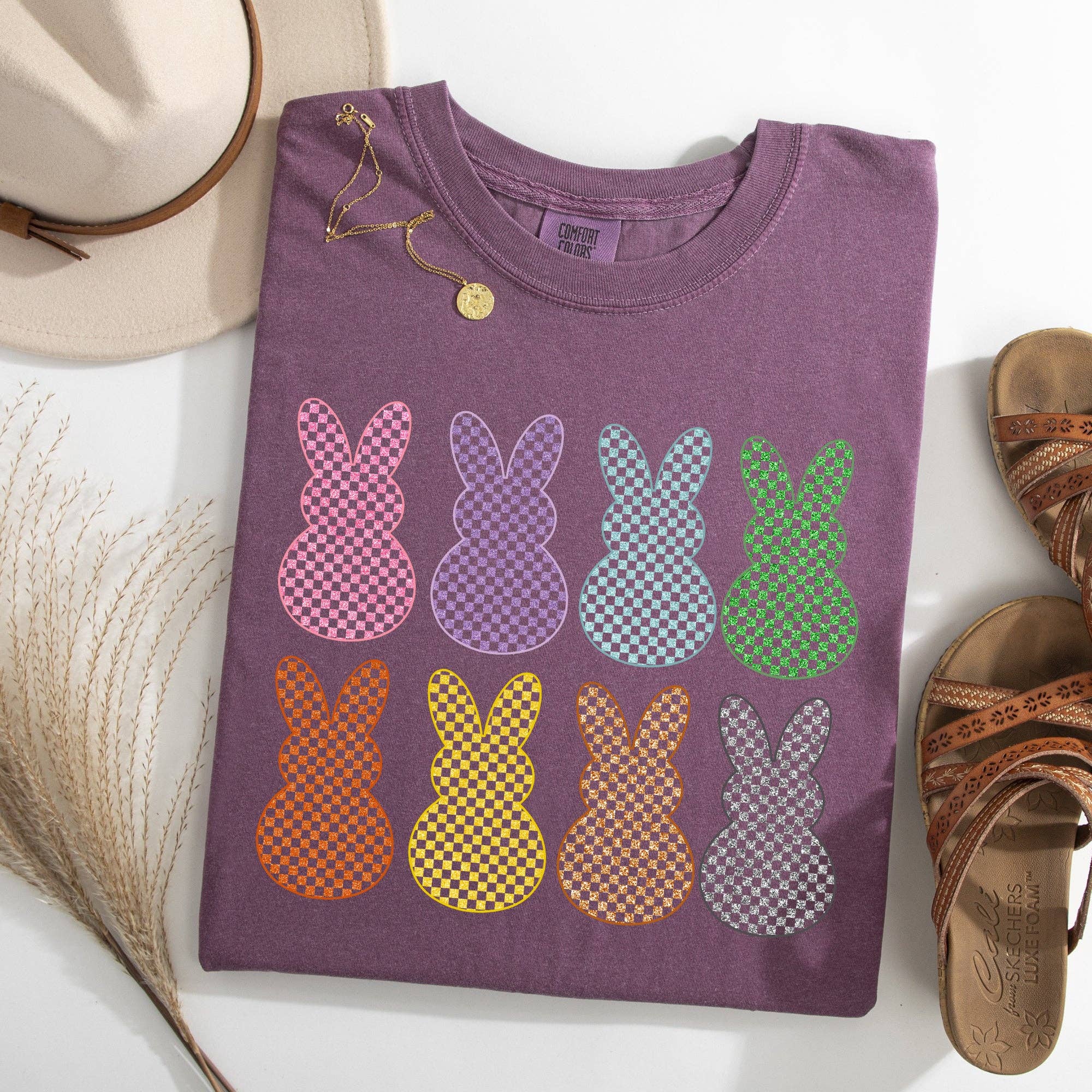 Checkered, Faux Glitter Bunnies Easter Rabbit Holiday Tshirt Hoodie, Sweatshirt | PodTeesHub.com