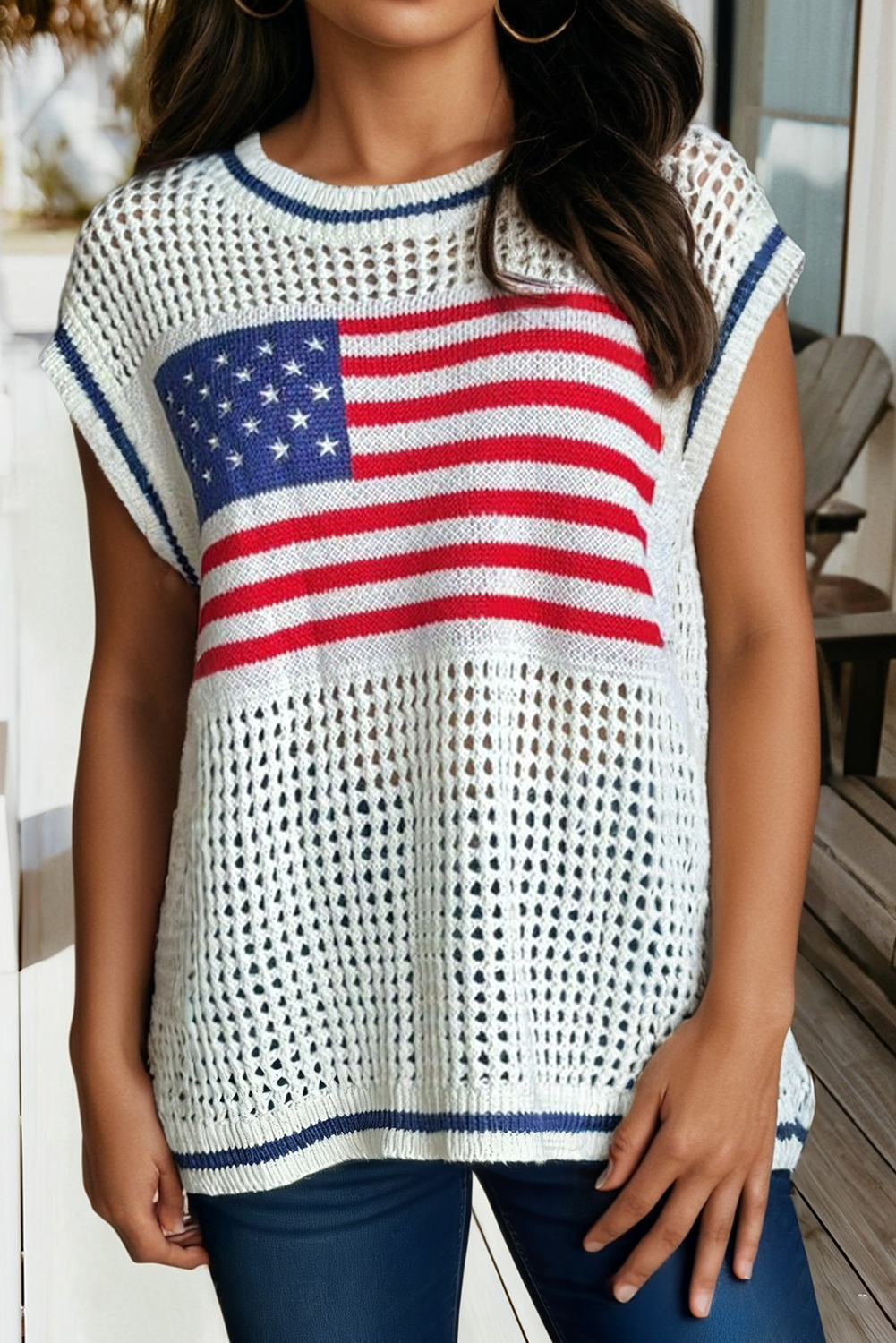USA Flag Eyelet Knitted Cap Sleeve Sweater Top (S-Xl) T-Shirts, Hoodie, Sweatshirt | PodTeesHub.com